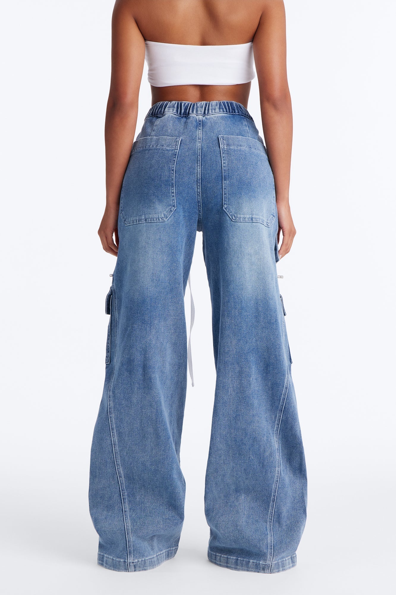 Ask About Me Tie Waist Cargo Wide Leg Jeans - Medium Wash NEWFASHIONEDGE