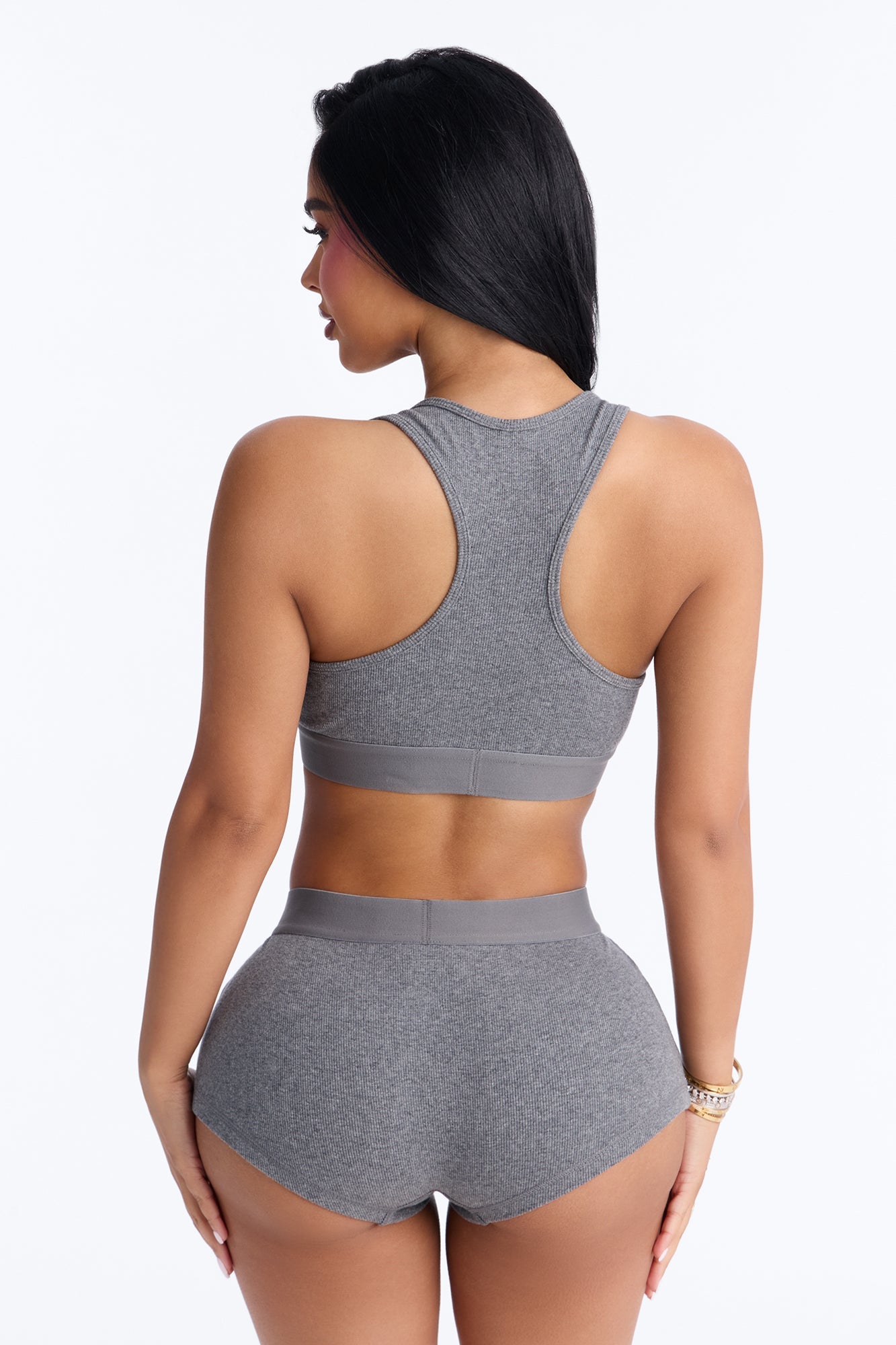 FN Mood Cotton Bralette Boxer Short Ribbed Set - Charcoal