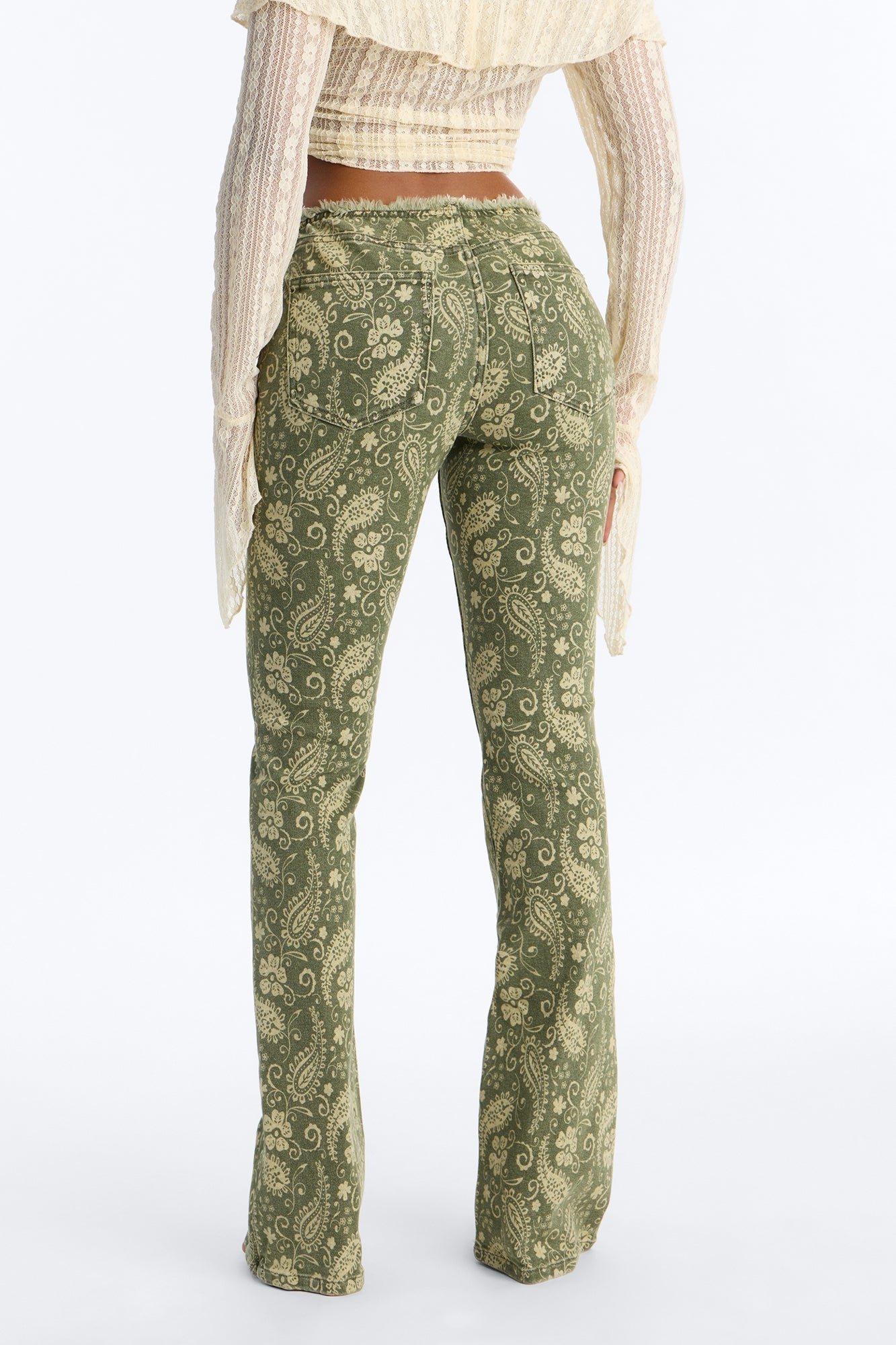 Lazy Paisley Low Rise Printed Jeans - Olive