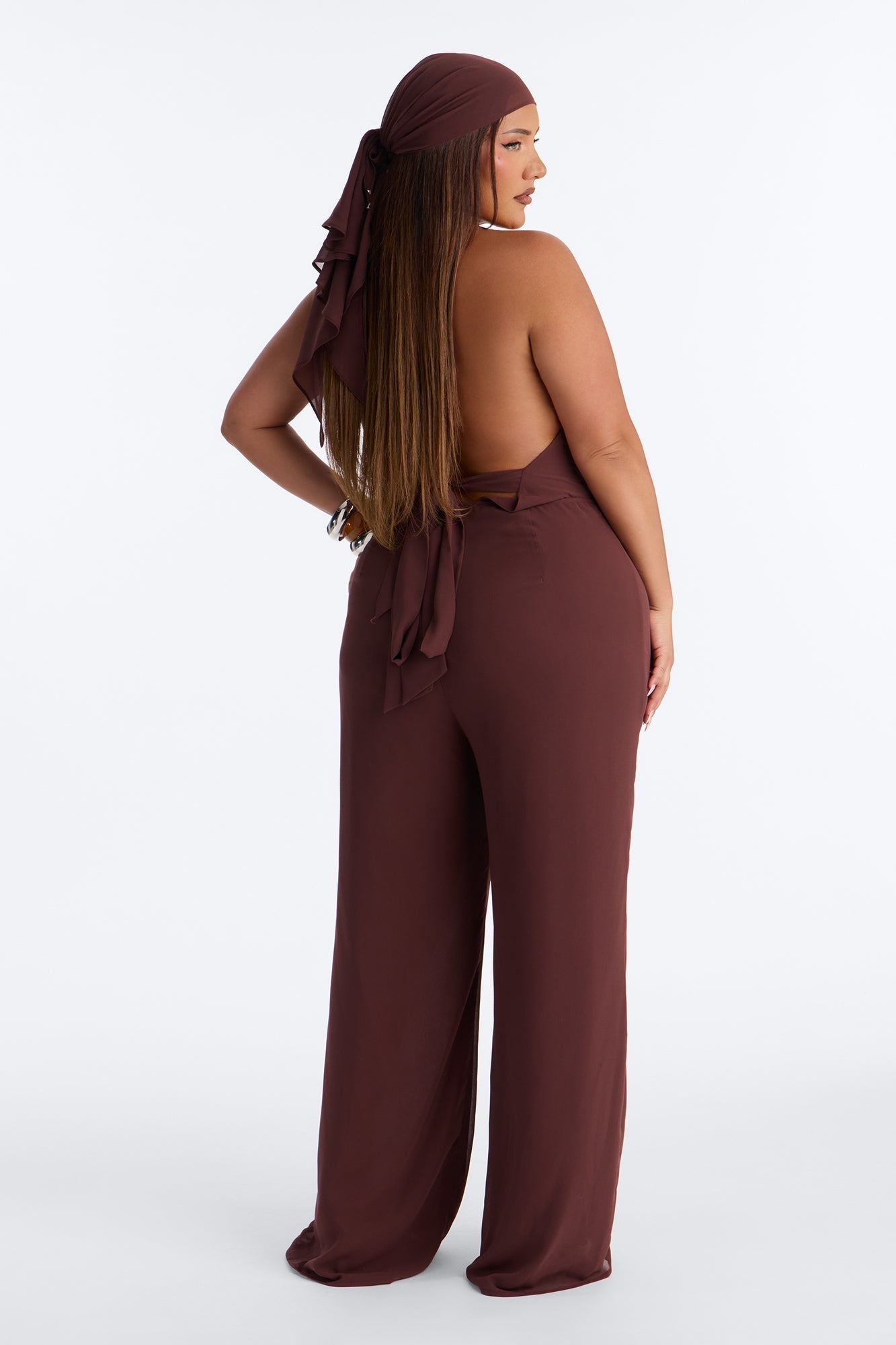 Angelica 2 Piece Chiffon Head Scarf Jumpsuit - Brown