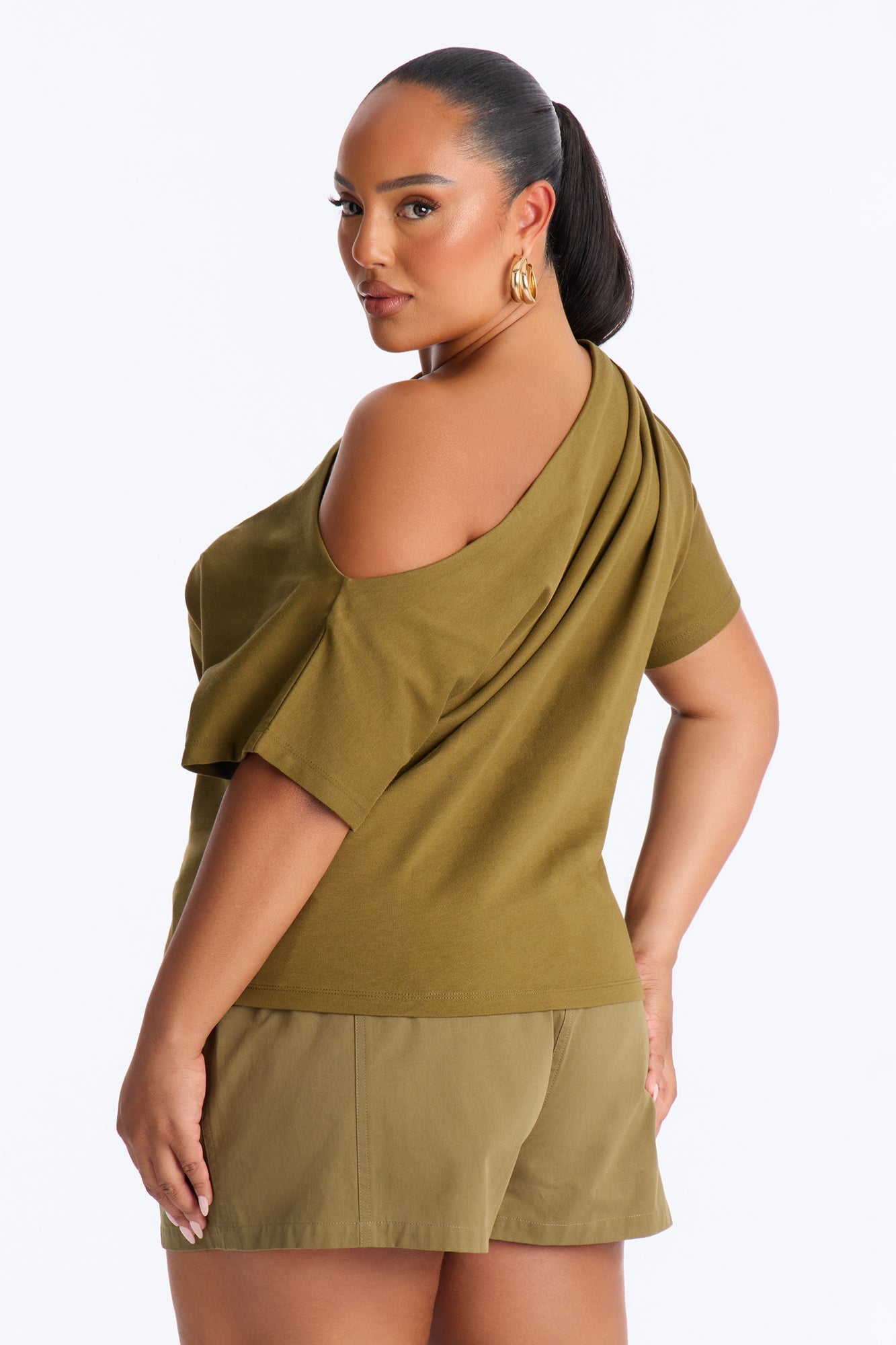 City Lounge Off Shoulder Short Sleeve T-Shirt - Olive