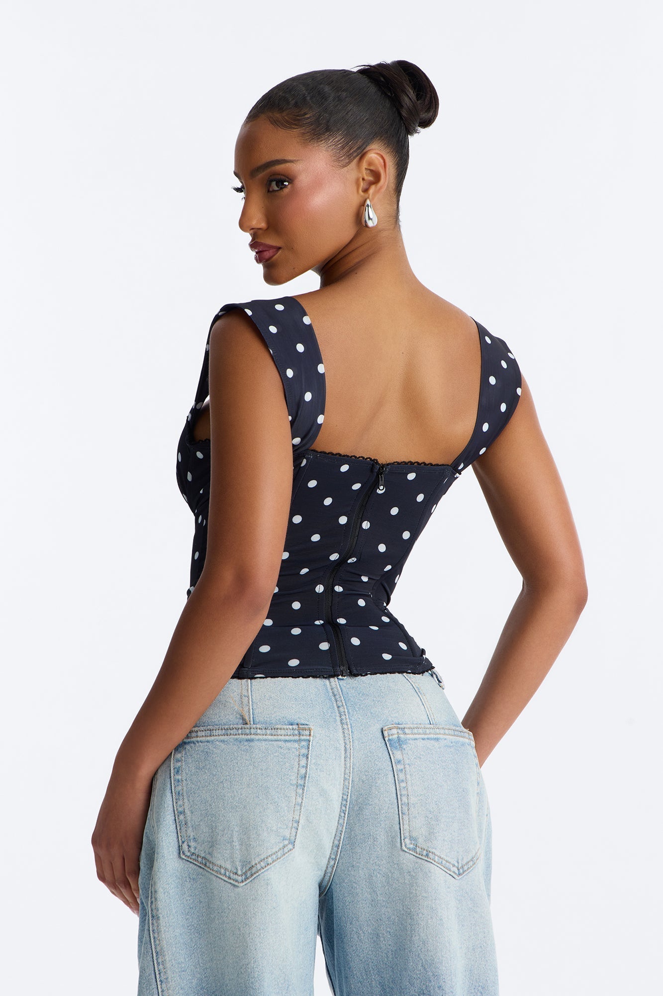 Carina Mesh Square Neck Polka Dot Corset Top - Black/combo