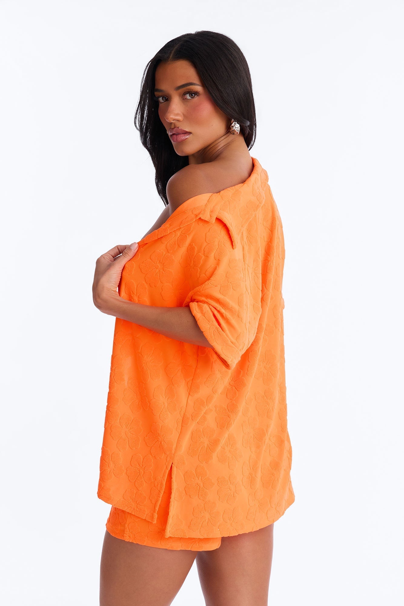 Cristal Textured Swim Cover Up Short Set - Orange