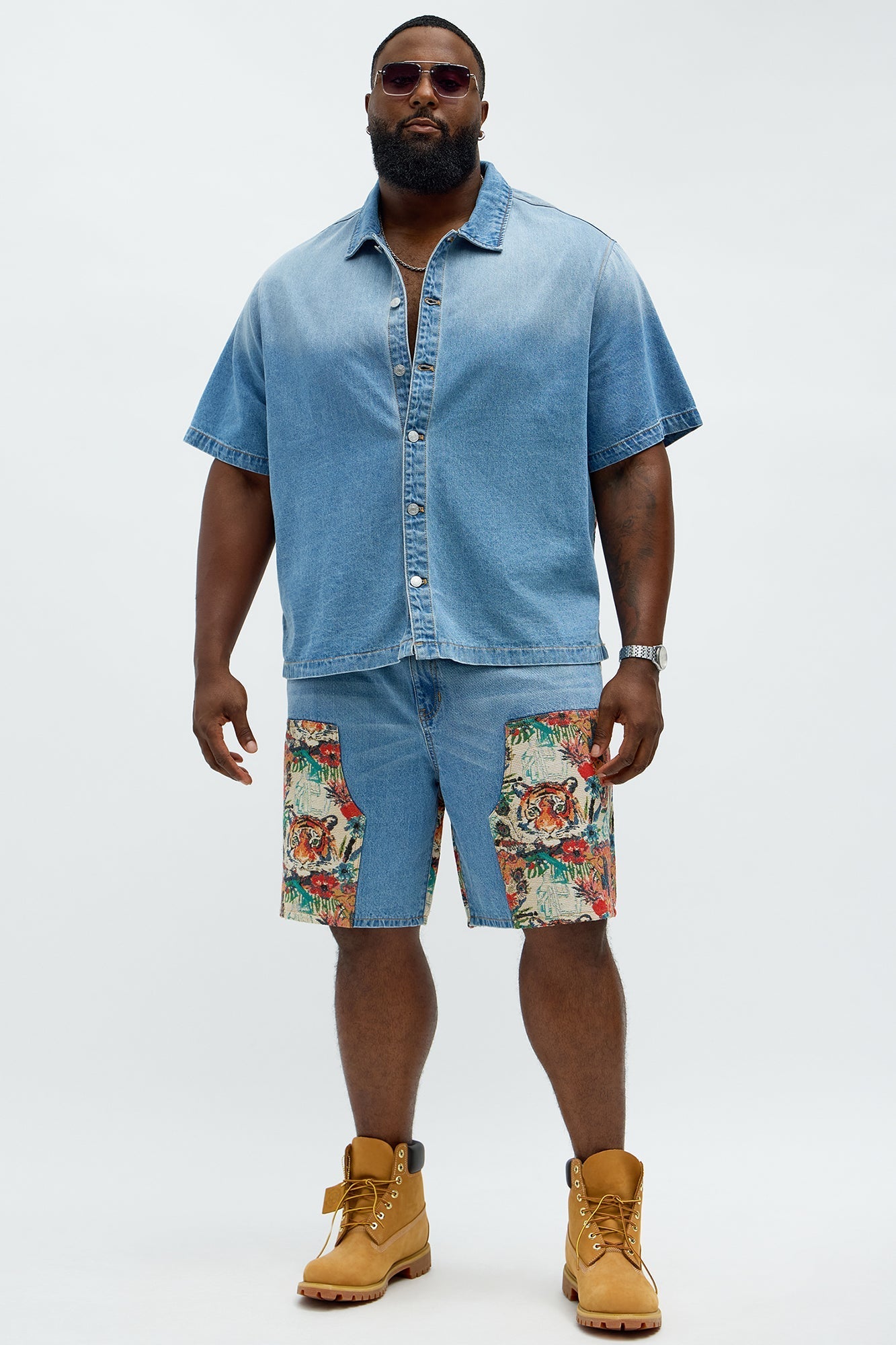 Relaxed Ansel Tapestry Denim Short Sleeve Shirt - Blue/combo