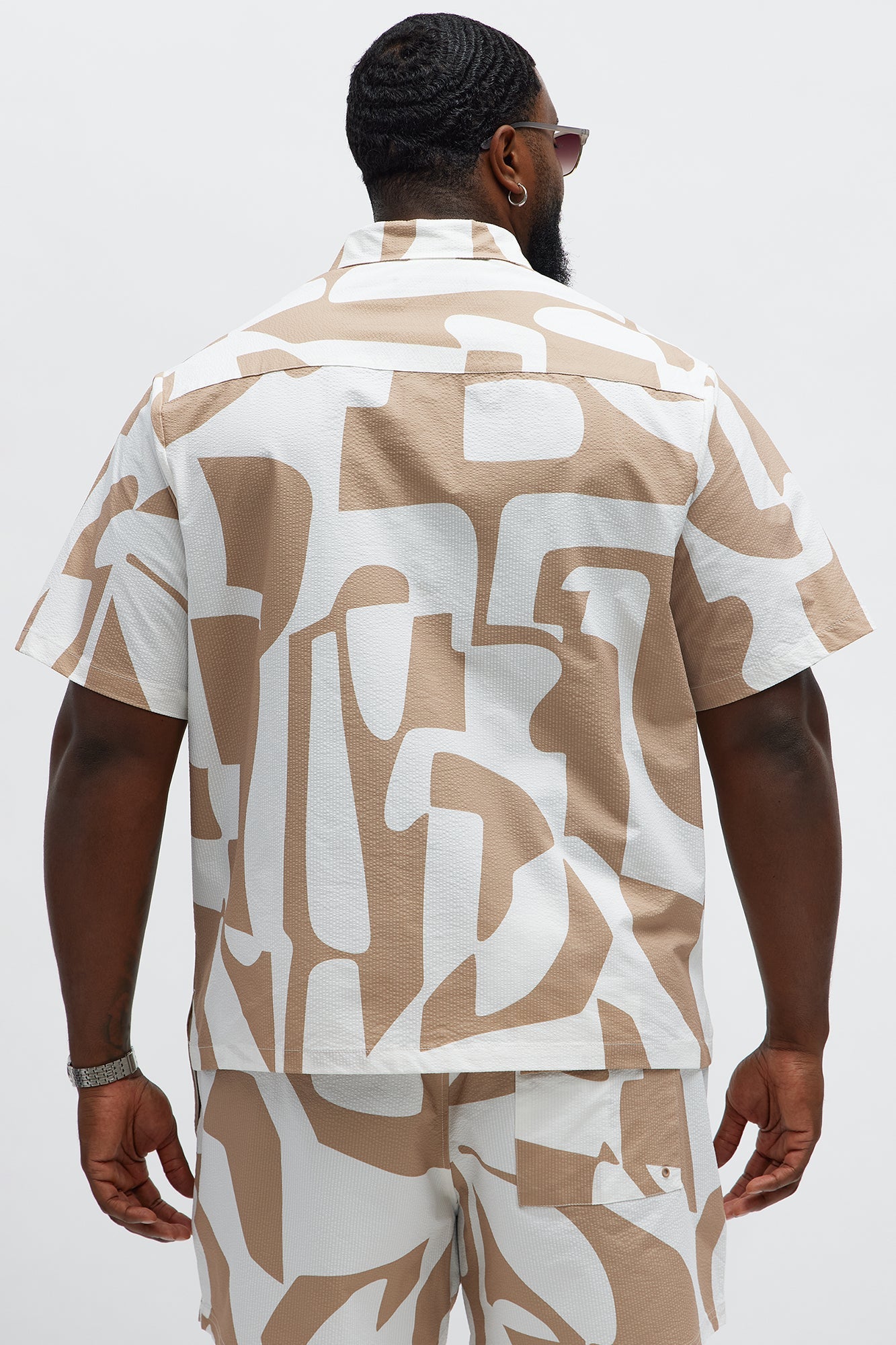 Seersucker Abstract Geo Printed Closed Collar Shirt - Tan/Multi