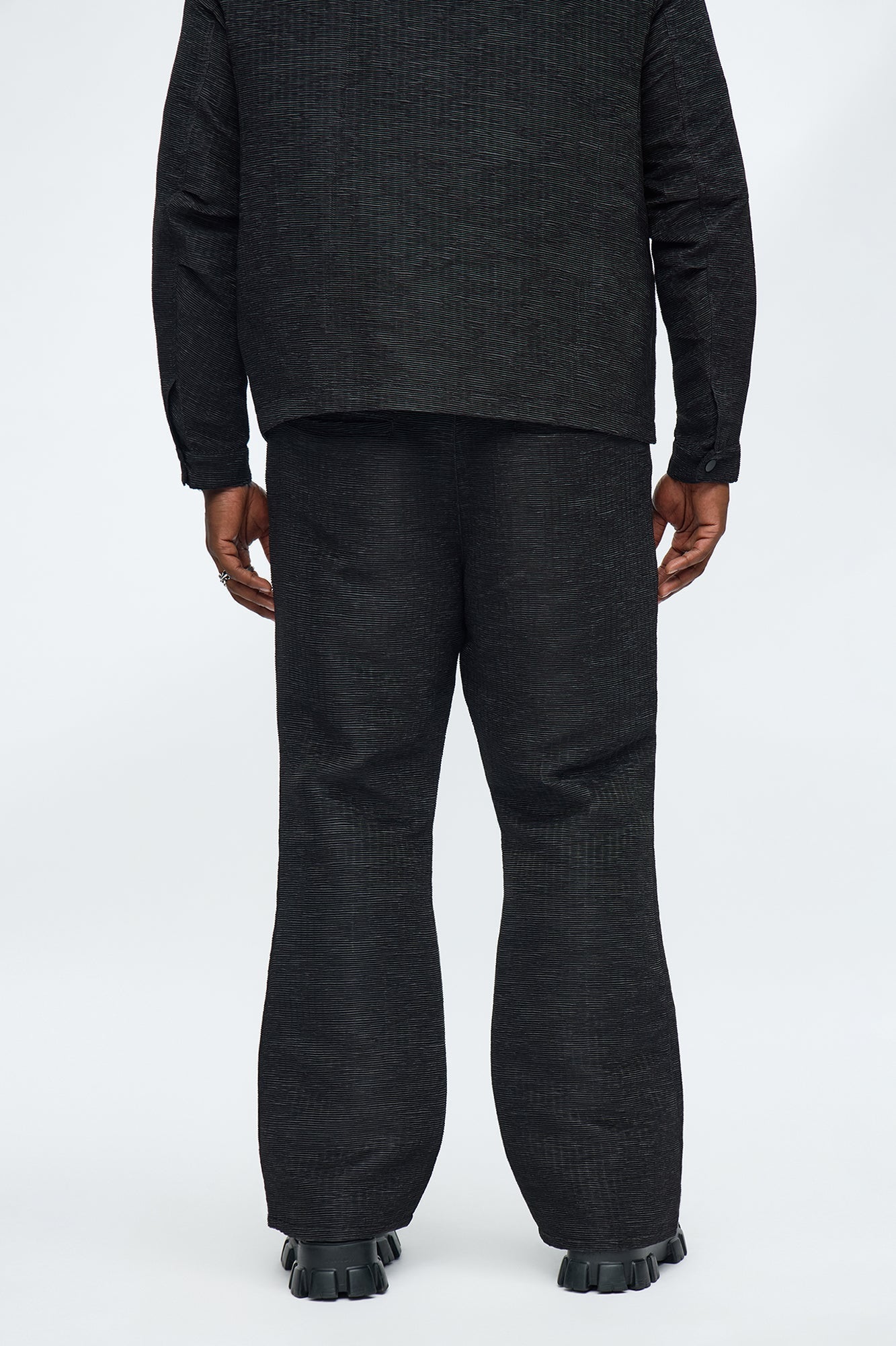 Stacked Straight Flare Textured Michael Slit Pant - Black
