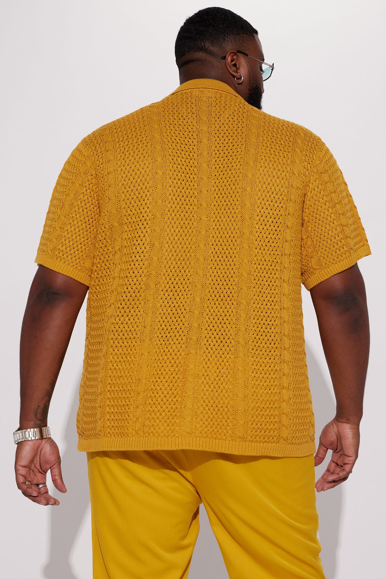 Unwind Cable Knit Short Sleeve Button Up - Mustard