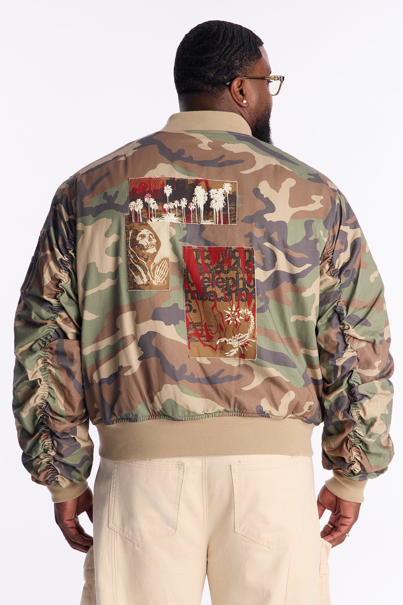 Oversized Padded Distressed Patched Bomber Jacket - Camouflage