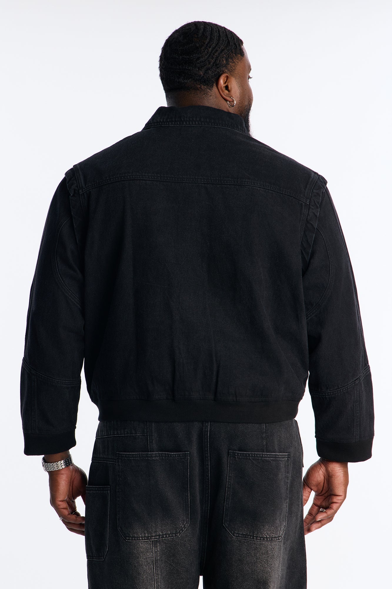 Paneled Denim Bomber Jacket - Black Wash
