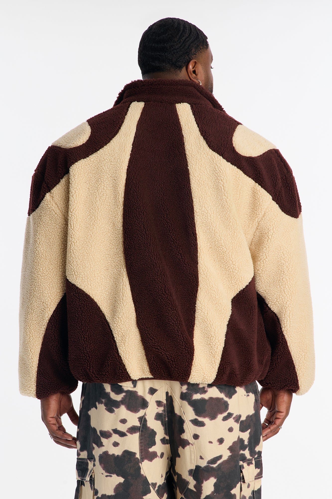Oversized Sherpa Wave Paneled Zip Jacket - Brown