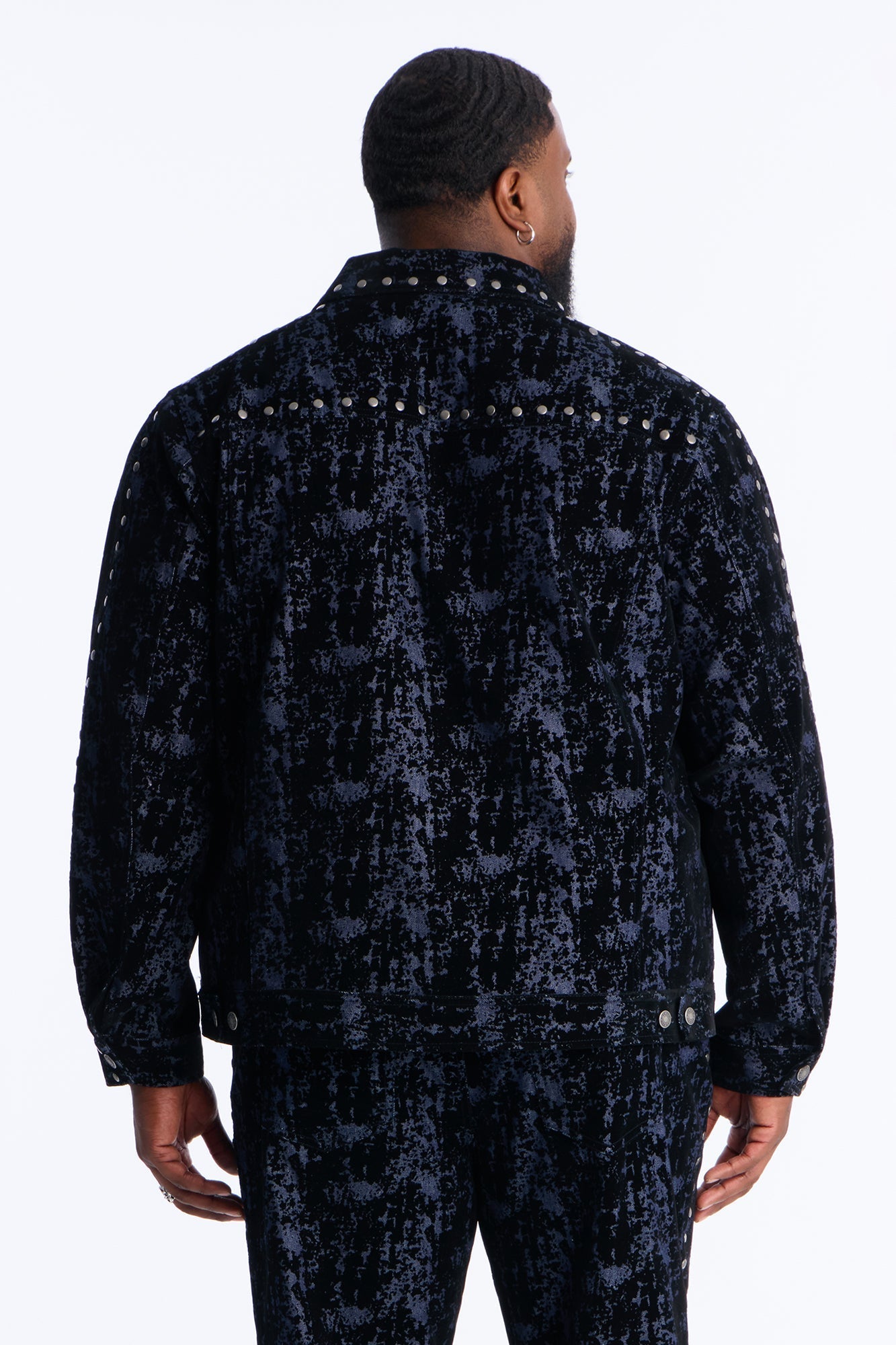 Social Stud Flocked Denim Trucker Jacket - Indigo