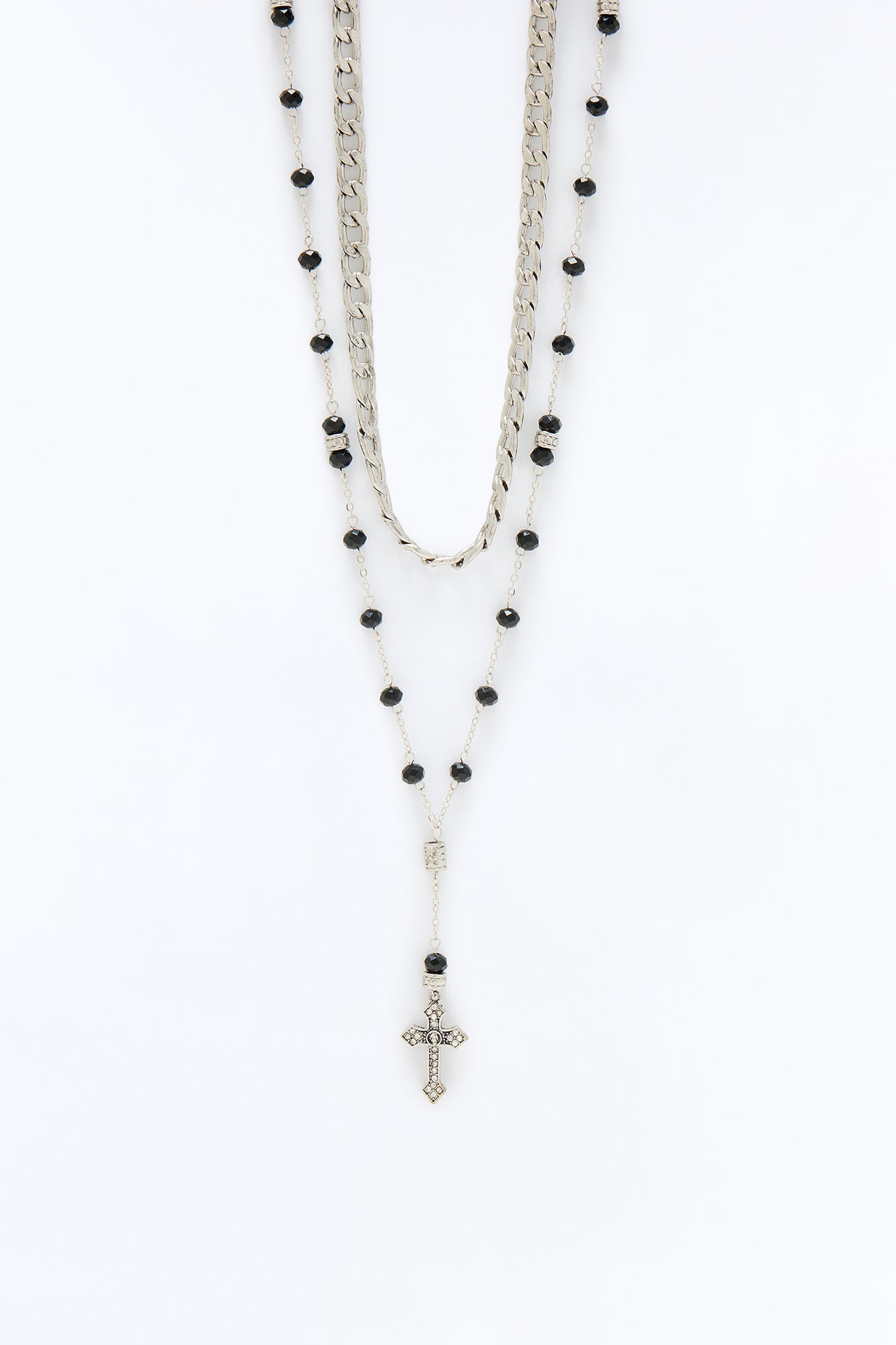 Layered Cuban And Beaded Cross Necklace Set - Silver/Black