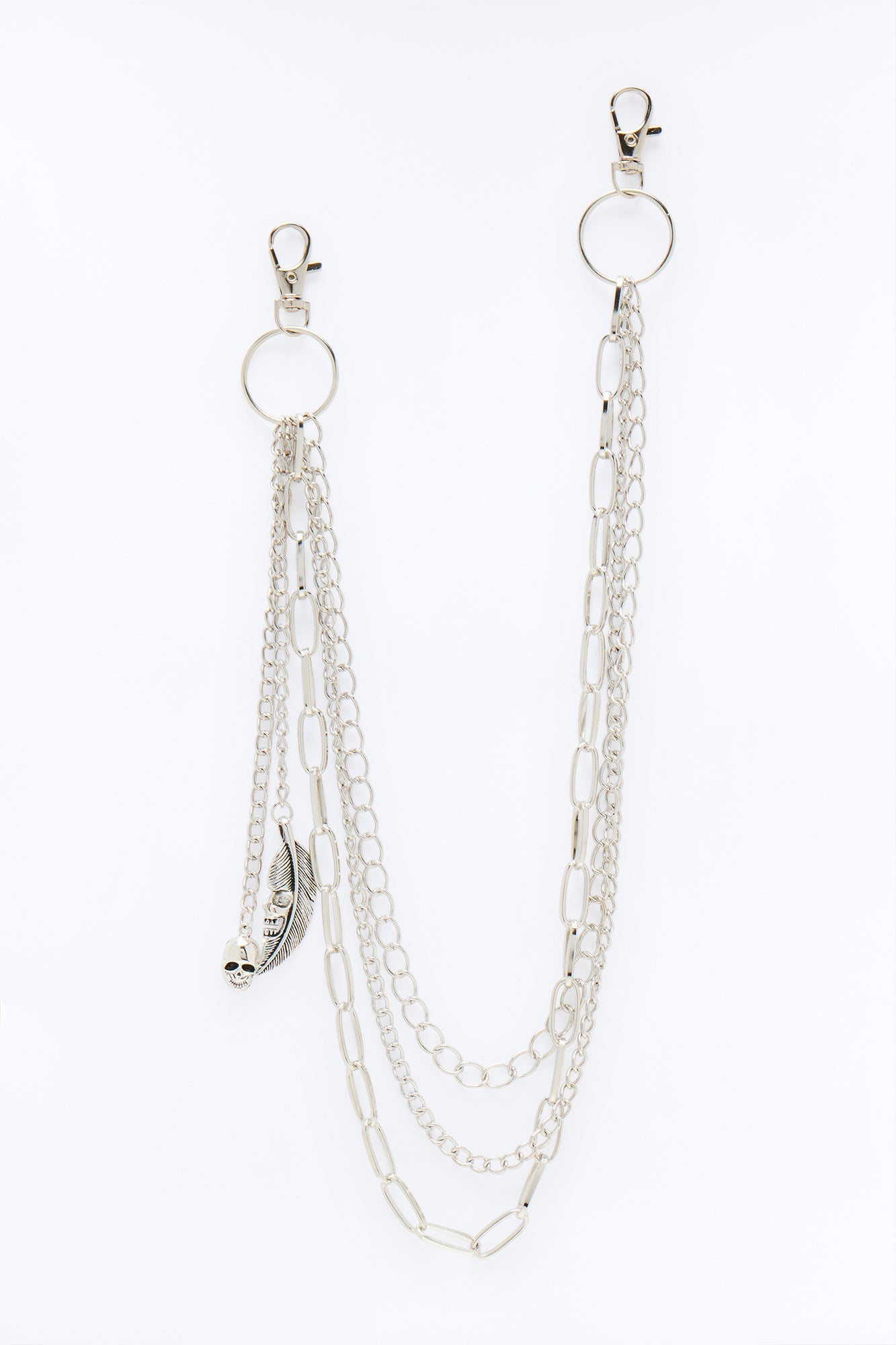 Skull Feather Multi Link Stacked Pant Chain - Silver