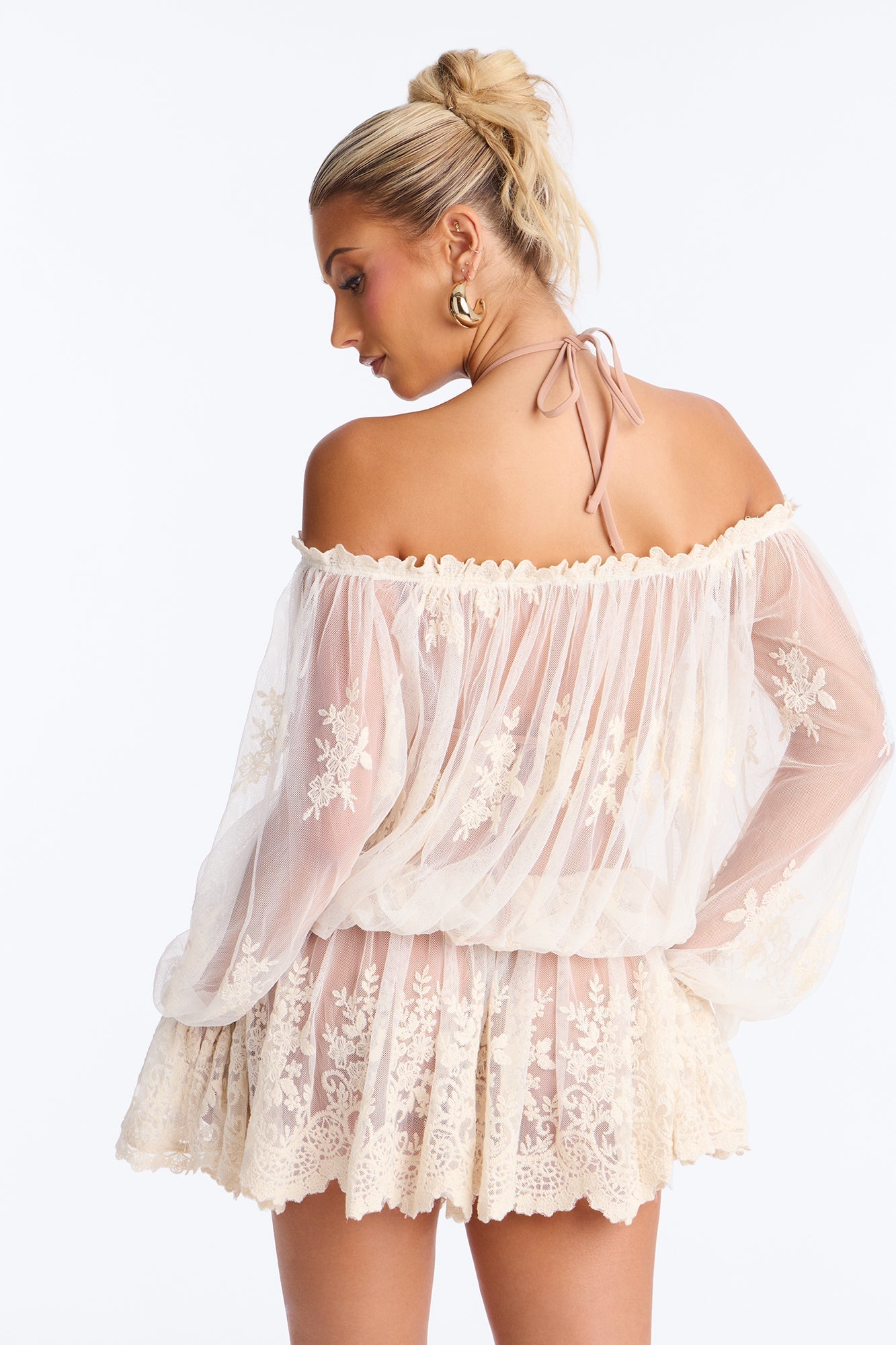 Blossom Mesh Embroidery Long Sleeve Mini Dress - Cream NEWFASHIONEDGE
