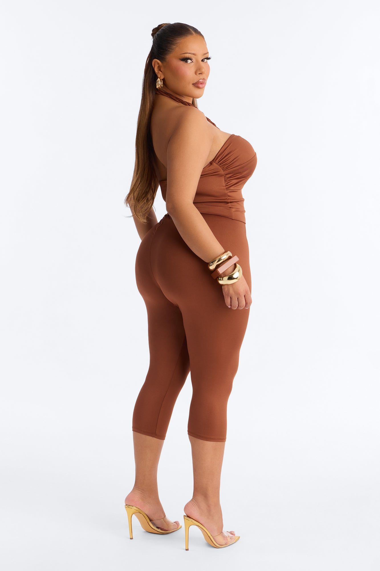 Bianca Braided Halter Capri Set - Brown NEWFASHIONEDGE