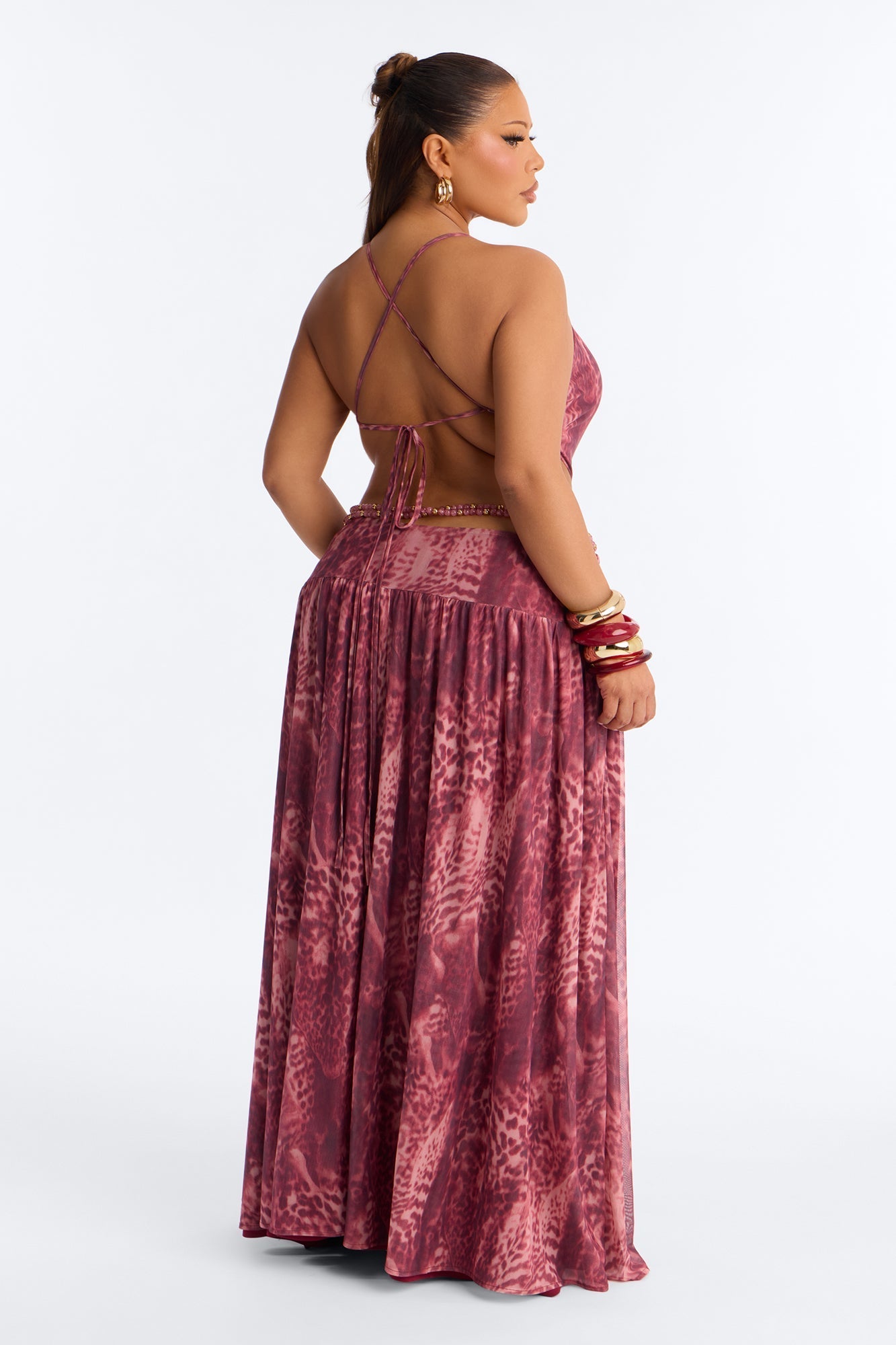 Corinna Cut Out Beaded Mesh Maxi Dress - Pink/combo NEWFASHIONEDGE