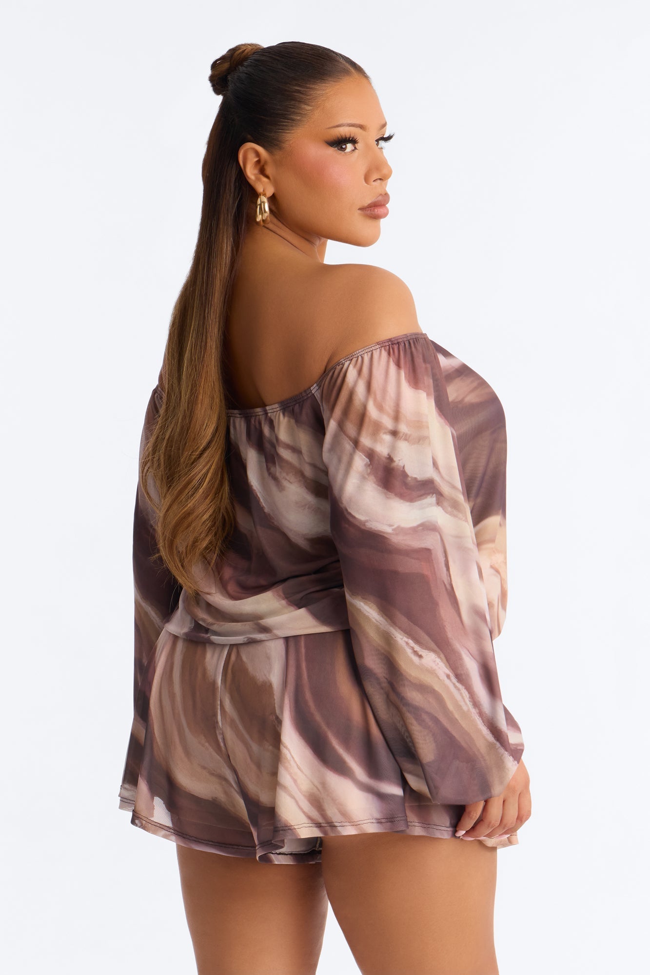 Rana Mesh Off Shoulder Romper - Brown NEWFASHIONEDGE