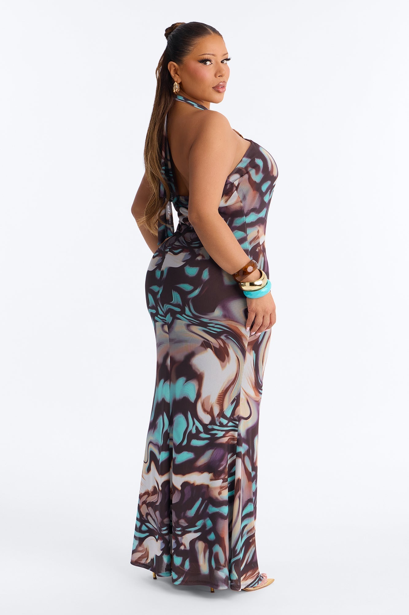 Bad Habits Halter Mesh Maxi Dress - Brown/combo NEWFASHIONEDGE