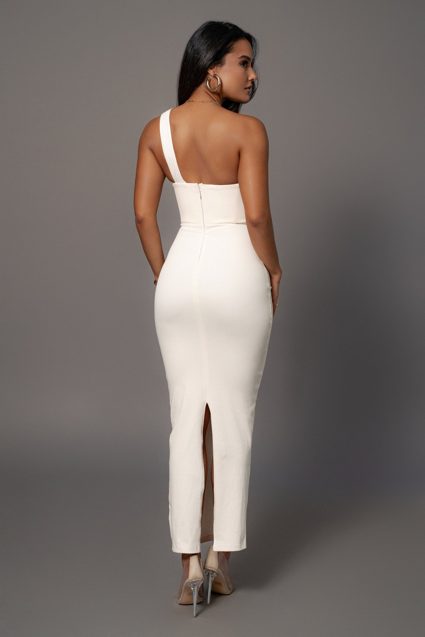 Buttercream Denim Krishna One Shoulder Maxi Dress JLUXLABEL