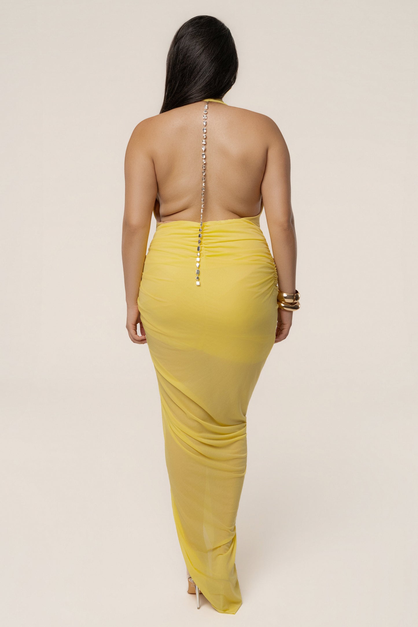 Yellow Ariana Plunge Halter Dress JLUXLABEL