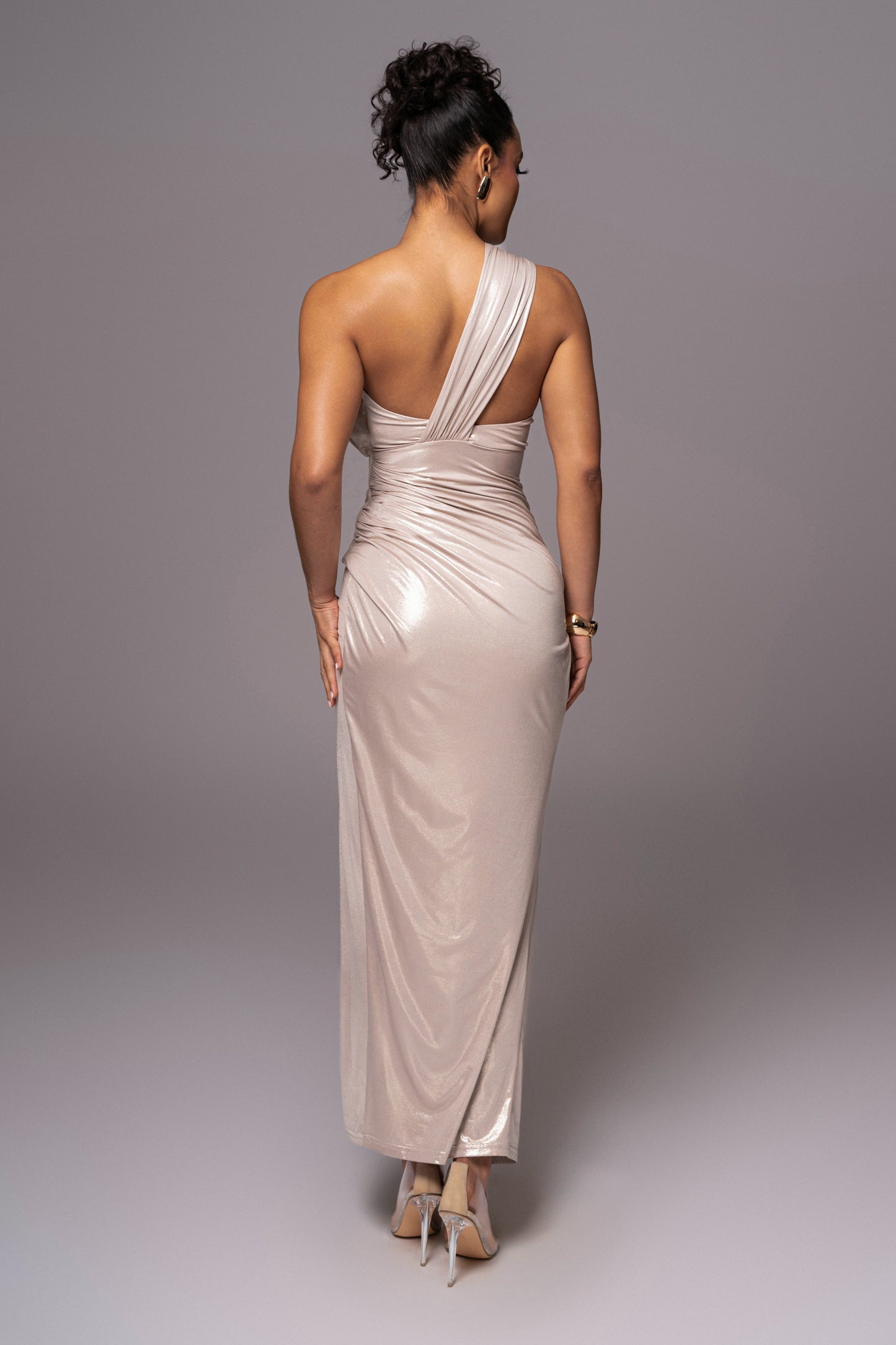 Champagne Lavina Metallic Maxi Dress JLUXLABEL
