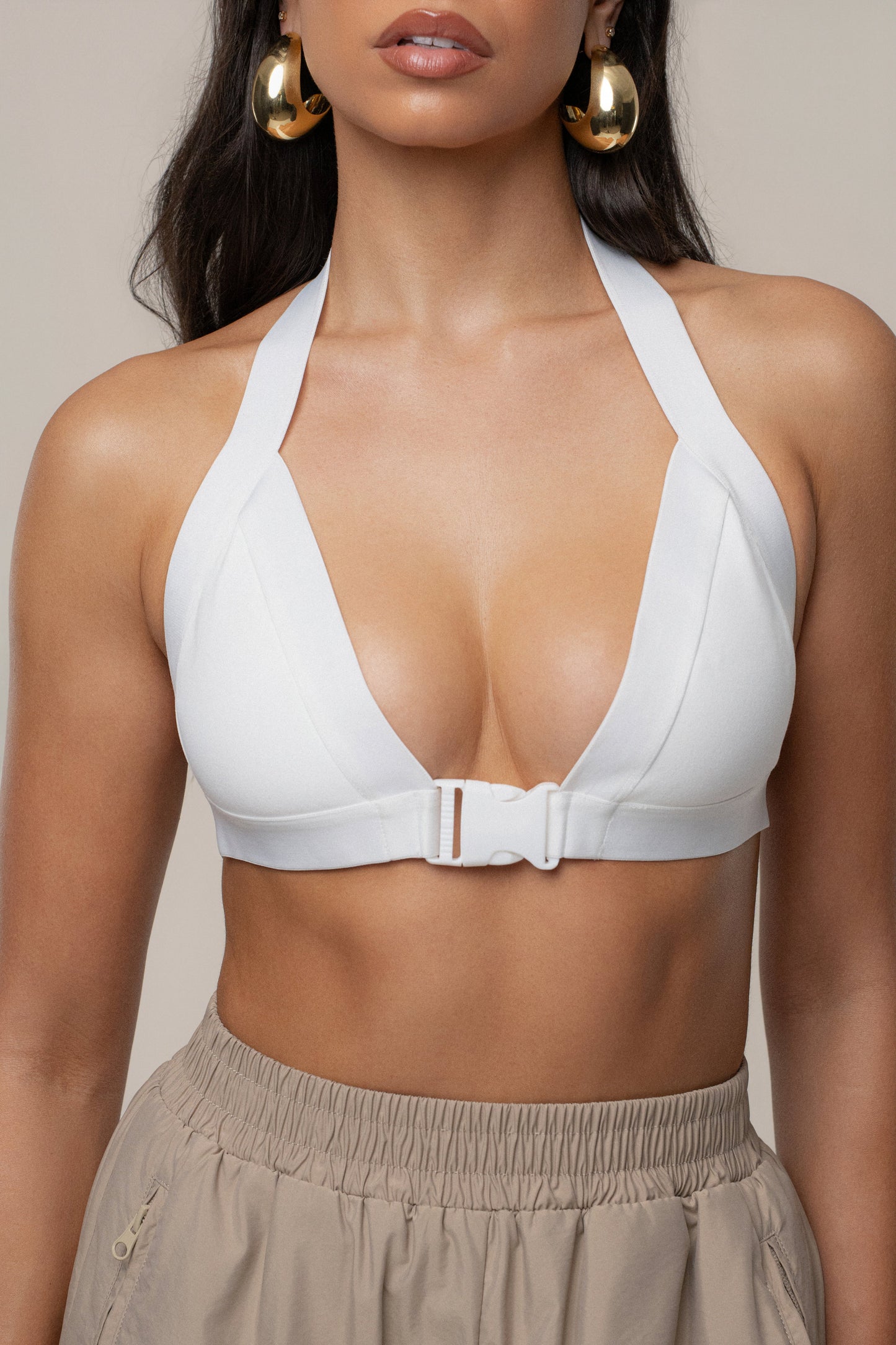 Ivory Belted Motion Halter Top JLUXLABEL
