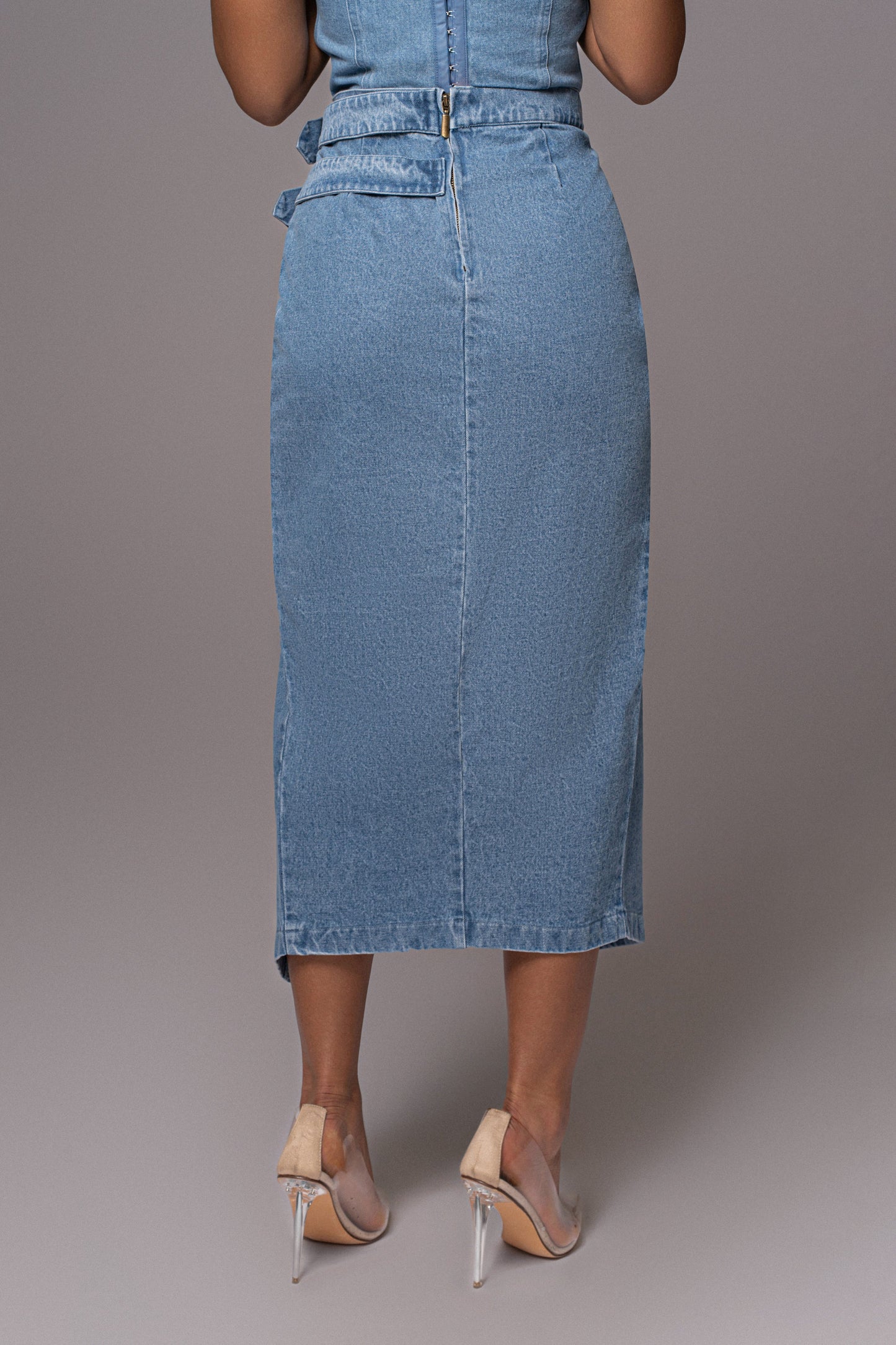 Medium Wash Gisele Denim Slit Skirt JLUXLABEL