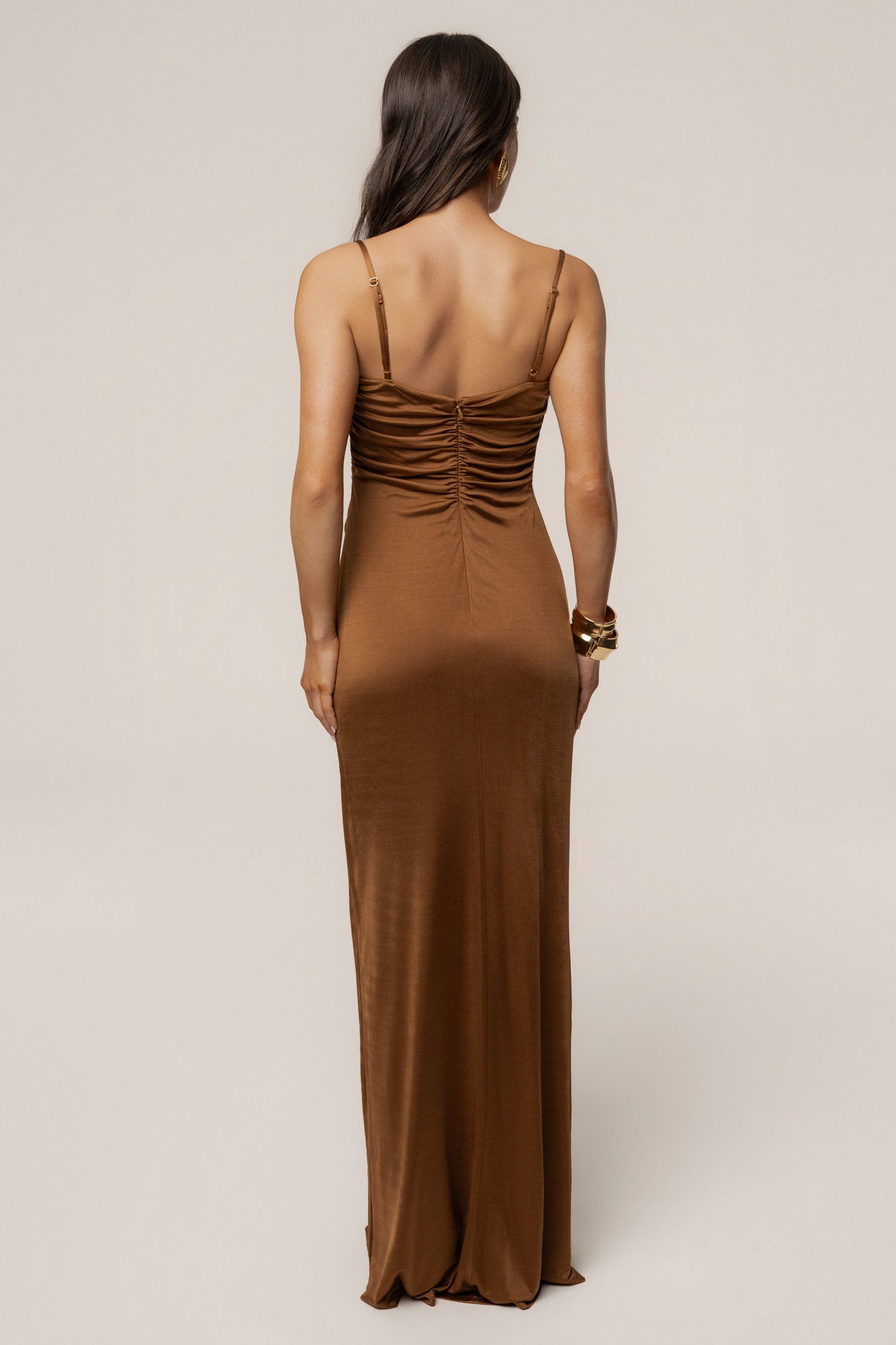Tan Auric Deep Plunge Maxi Dress JLUXLABEL