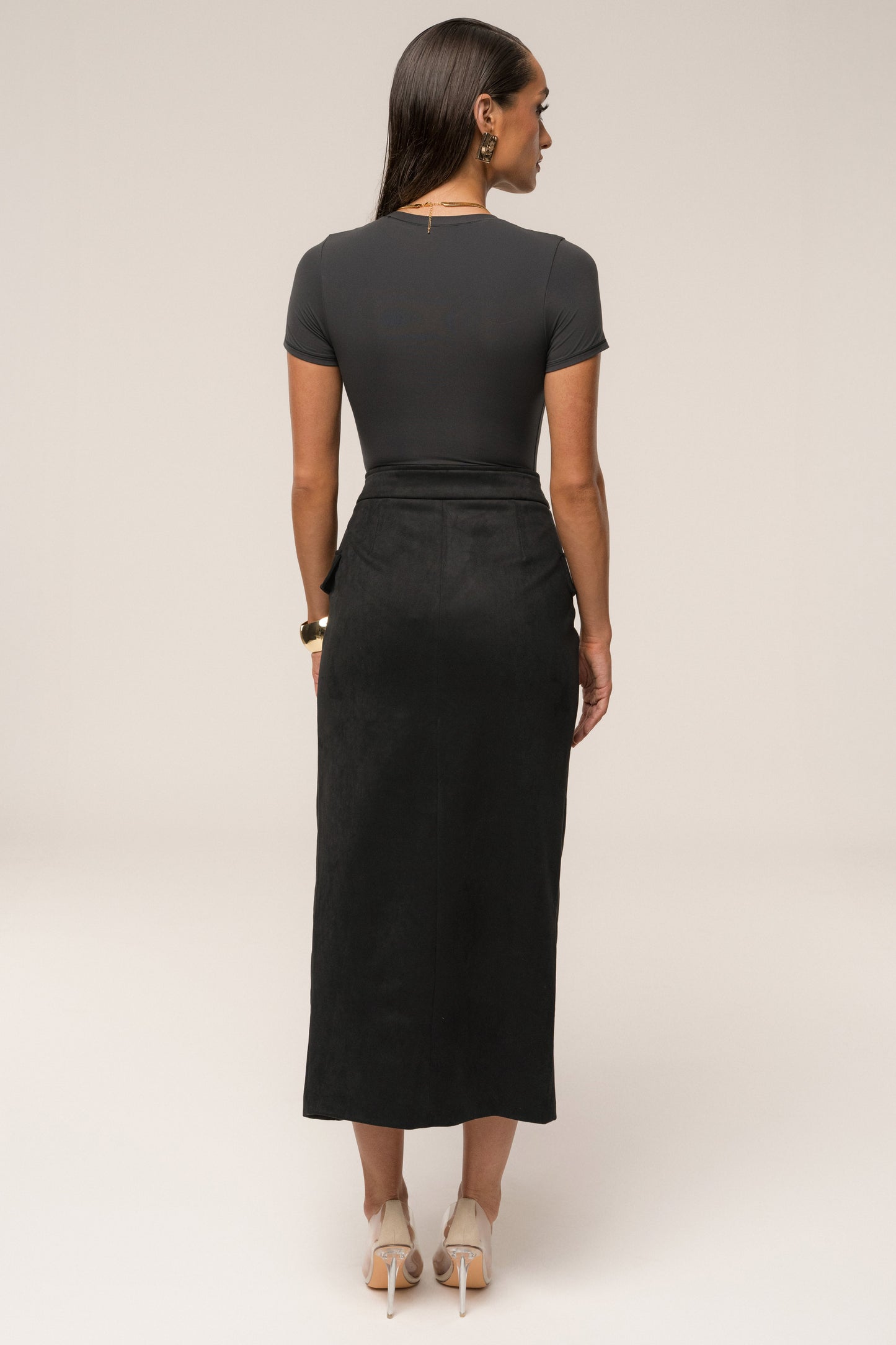 Black Audrey Suede Midi Skirt JLUXLABEL