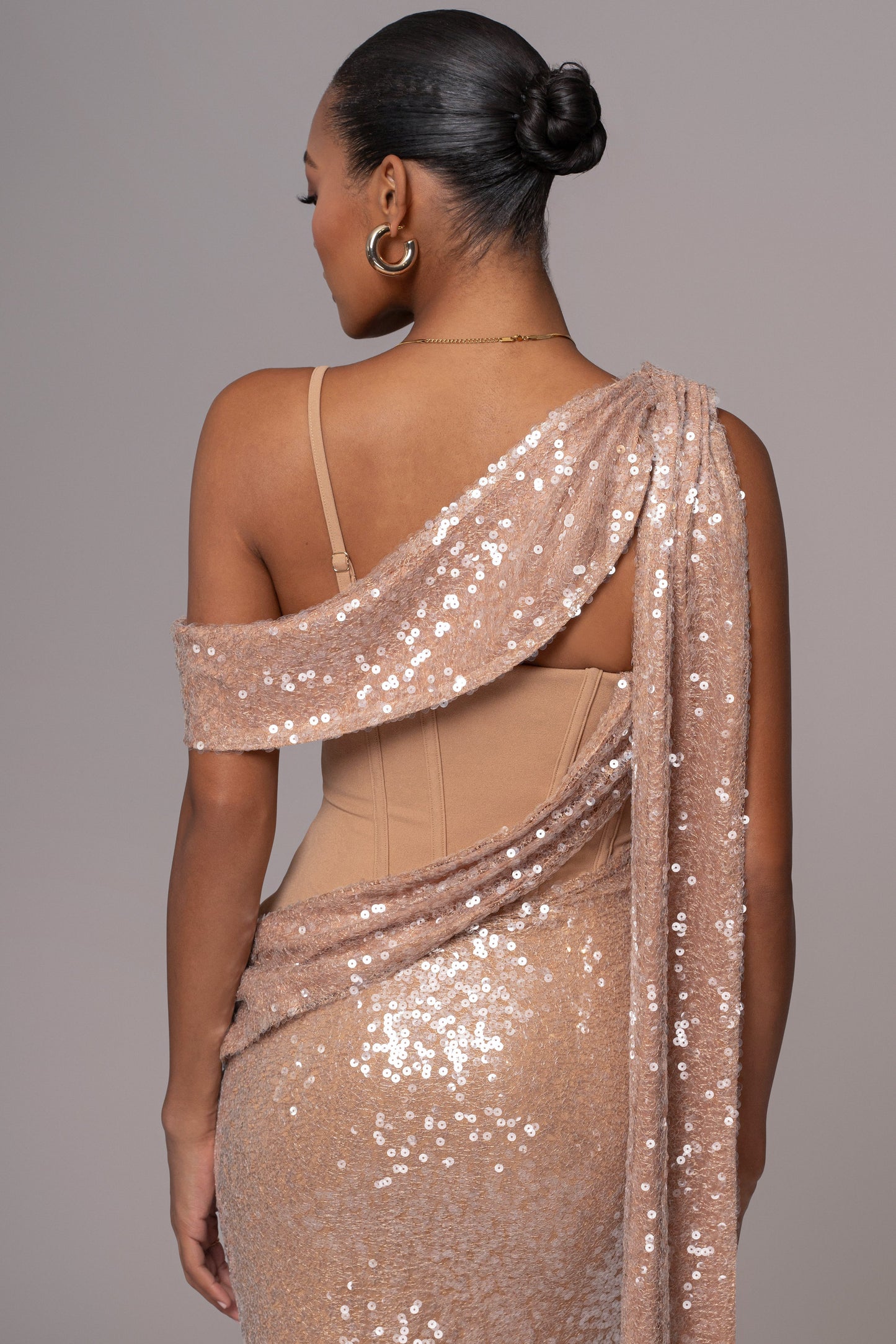 Tan Amani Draped Sequin Maxi Dress JLUXLABEL