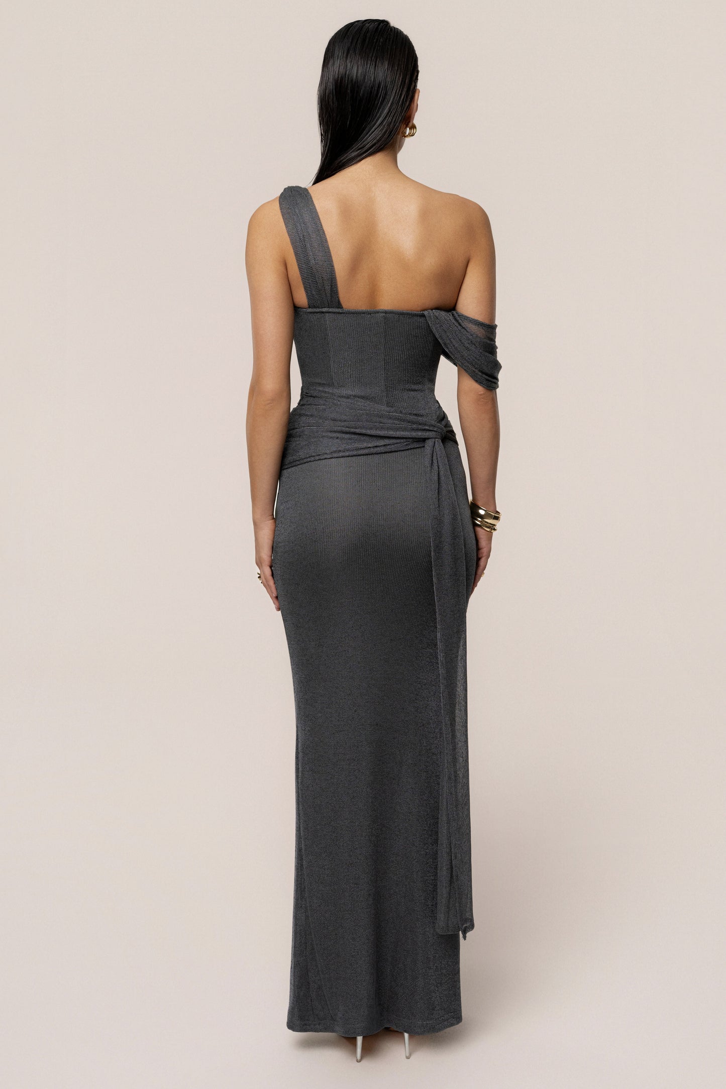 Gun Metal Draped Metallic Maxi Dress JLUXLABEL