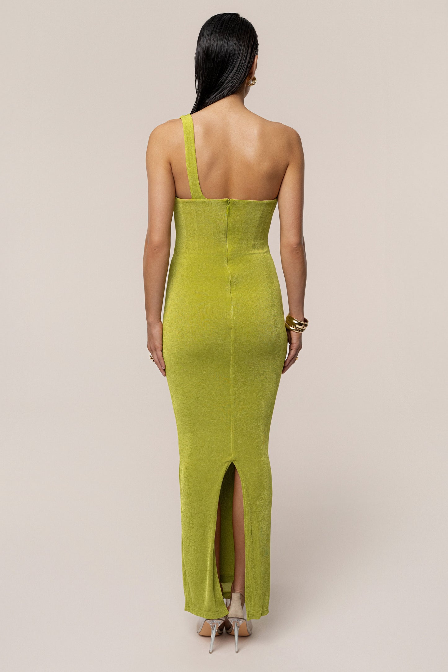 Lime Green Slinky Krishna One Shoulder Maxi Dress JLUXLABEL