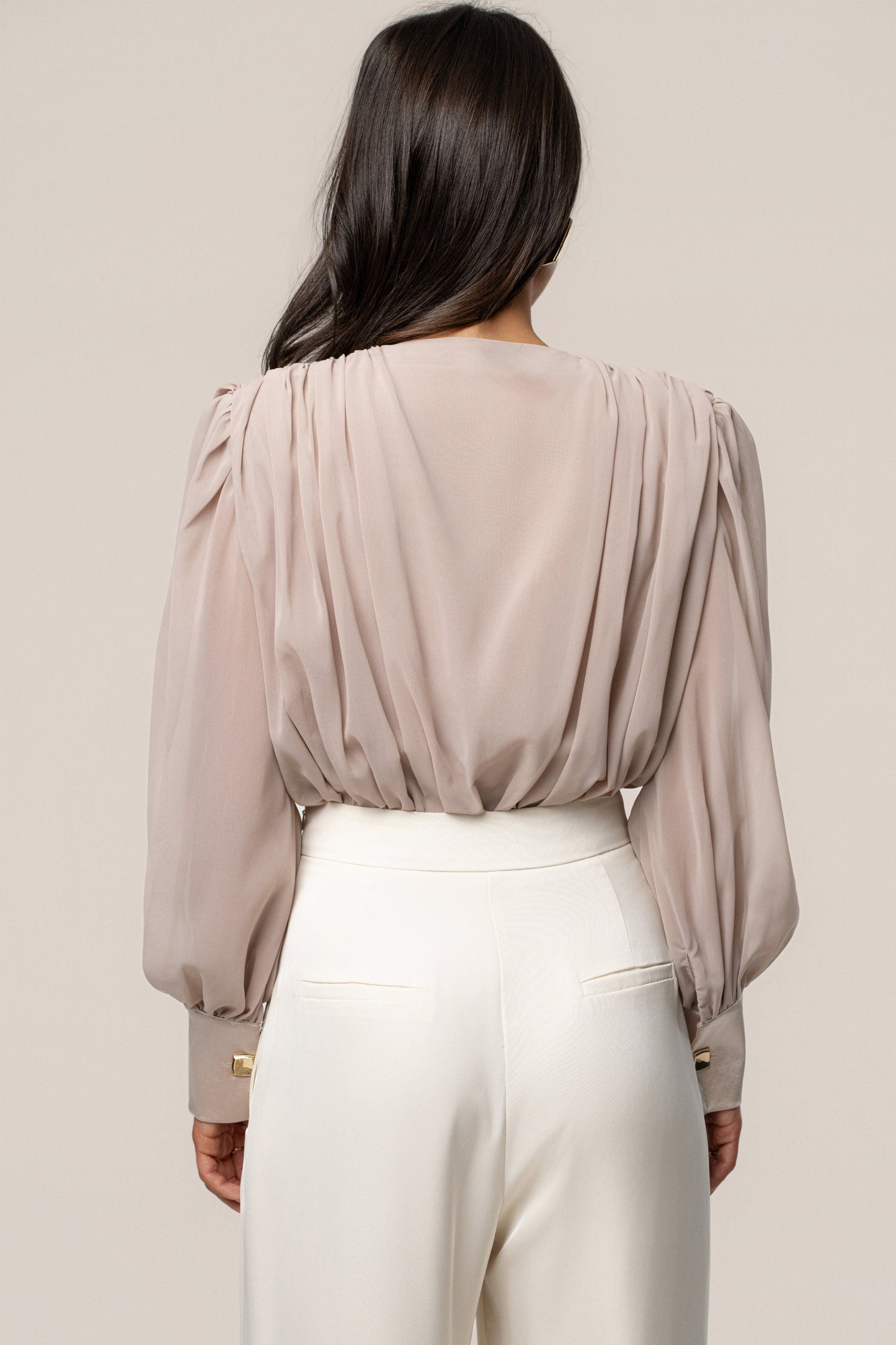 Beige Refined Pleated Chiffon Top NEWFASHIONEDGE