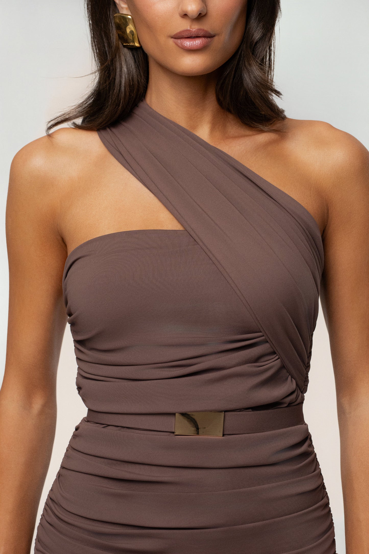 Brown Opulent Ruched Midi Dress NEWFASHIONEDGE