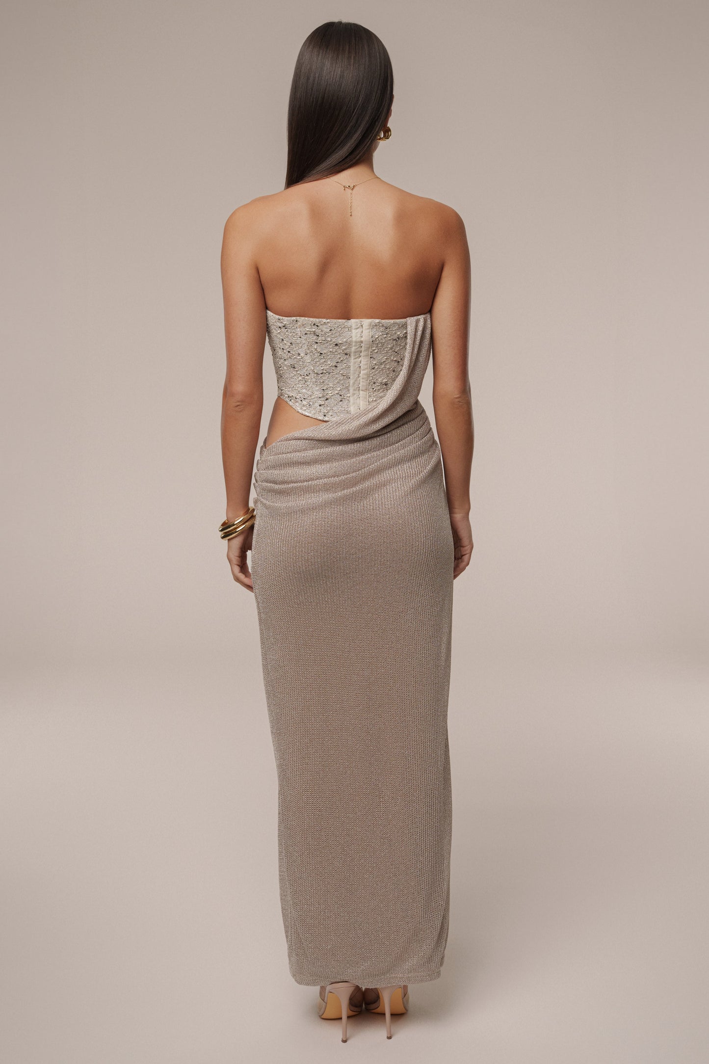 Beige Stellar Sequin Maxi Dress JLUXLABEL