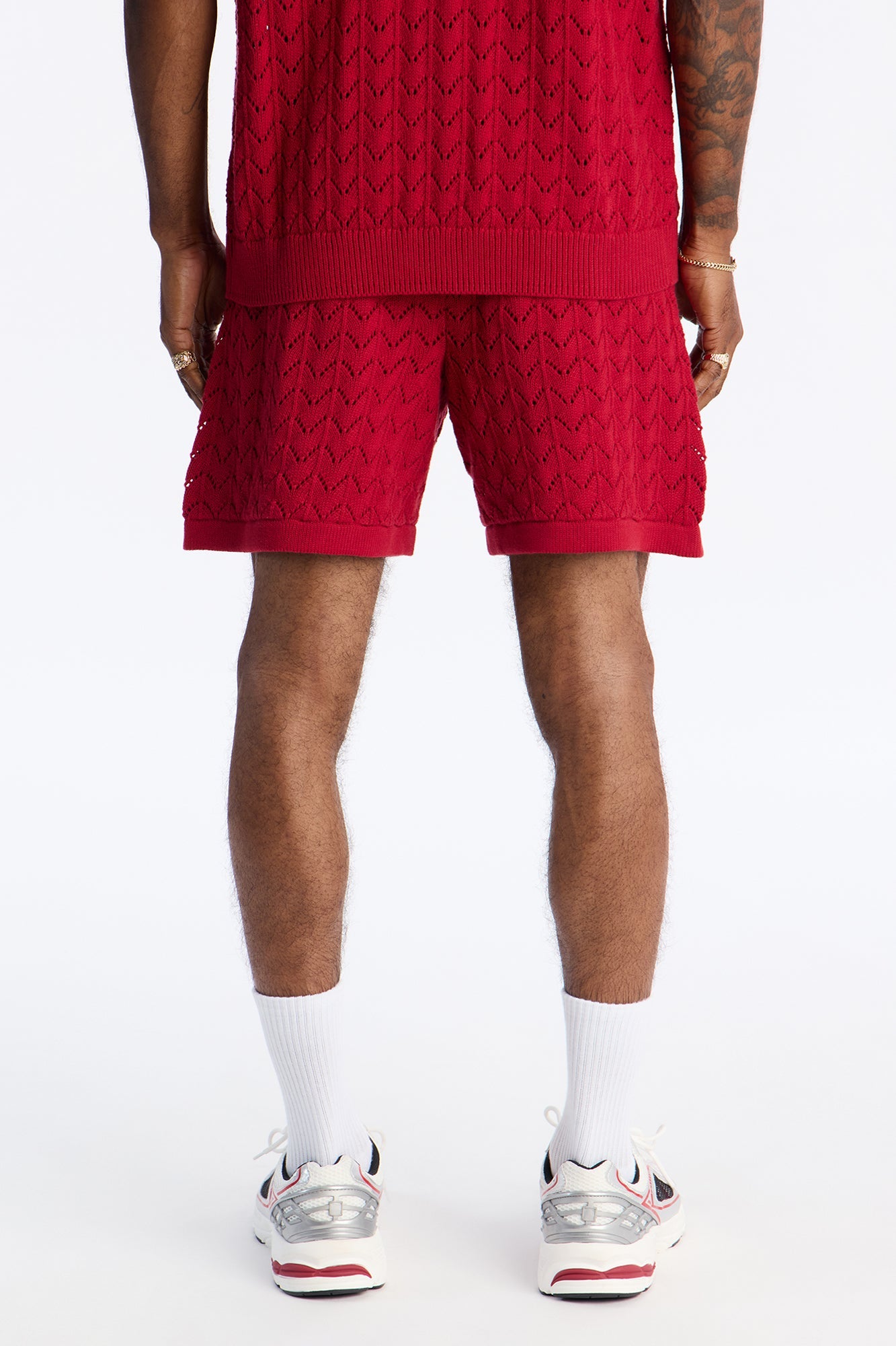 Waterfall Texture Open Knit Shorts - Burgundy