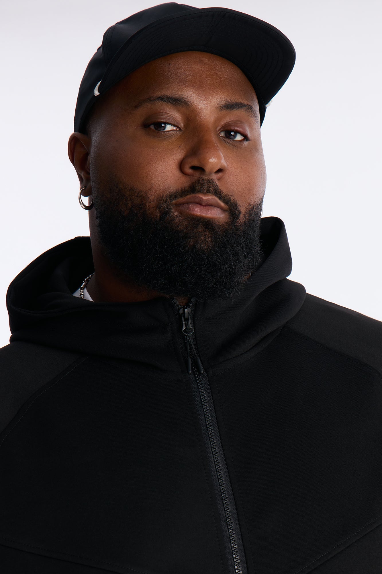 Structured Paneled Fleece Zip Up Hoodie  - Black