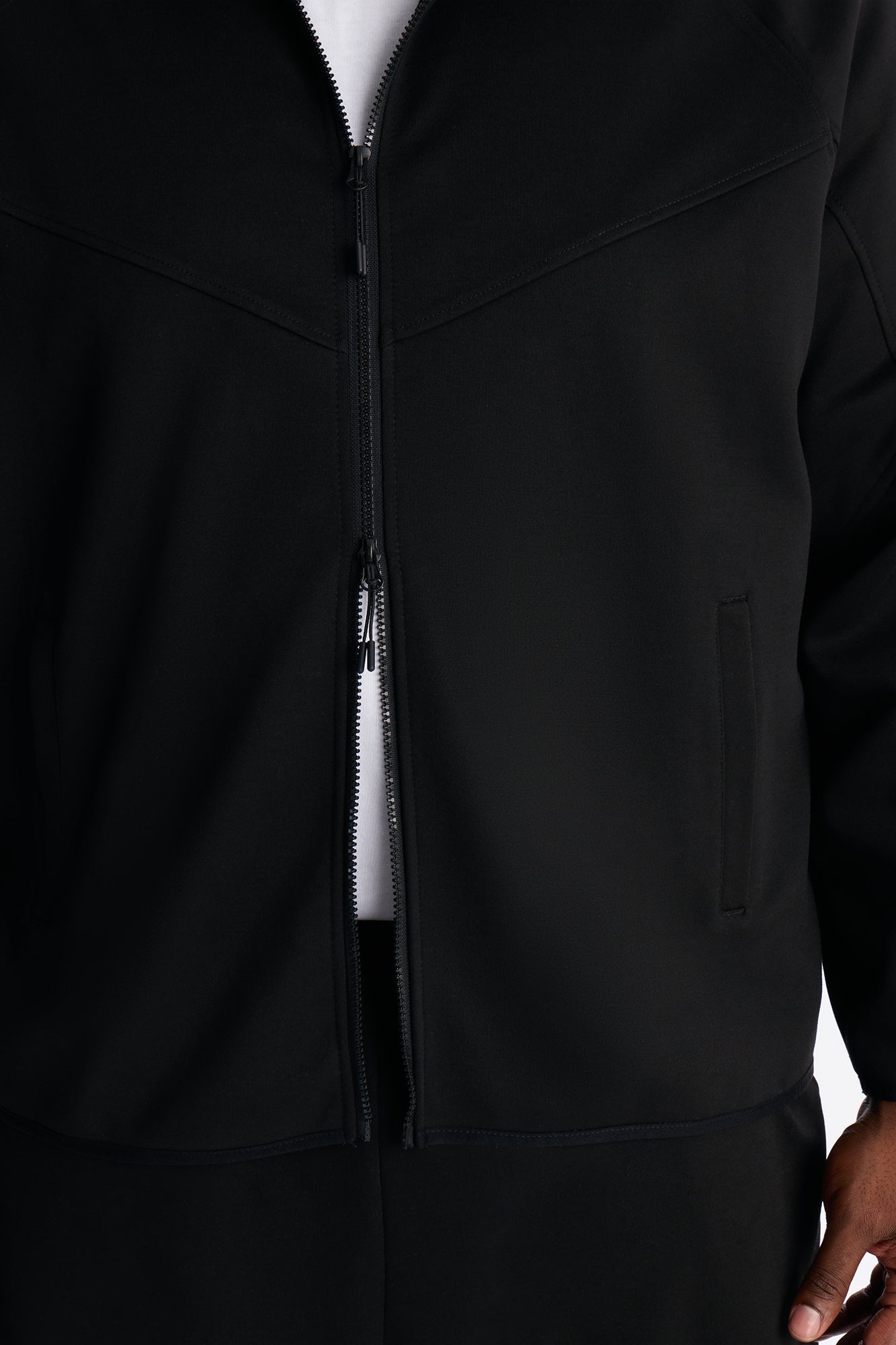 Structured Paneled Fleece Zip Up Hoodie  - Black