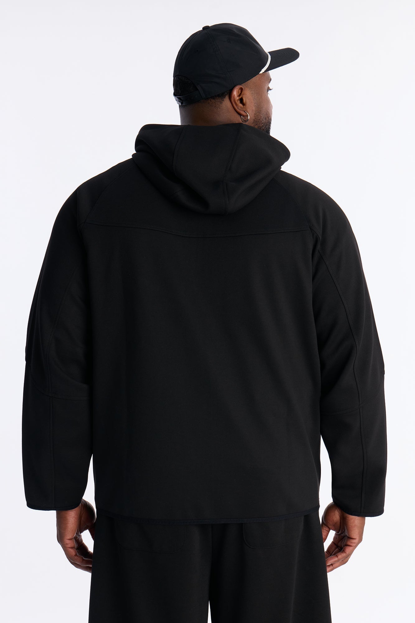 Structured Paneled Fleece Zip Up Hoodie  - Black