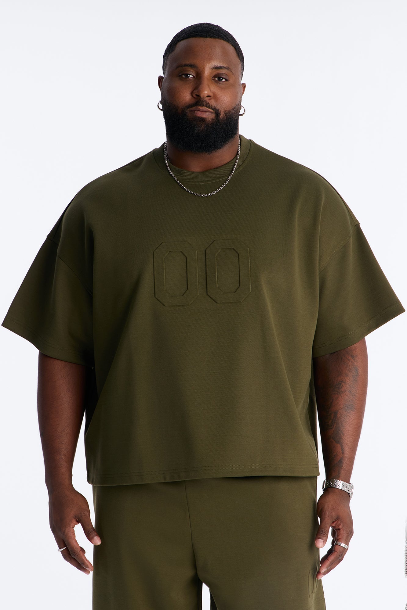 Structured Fleece Embossed Number Tee - Olive