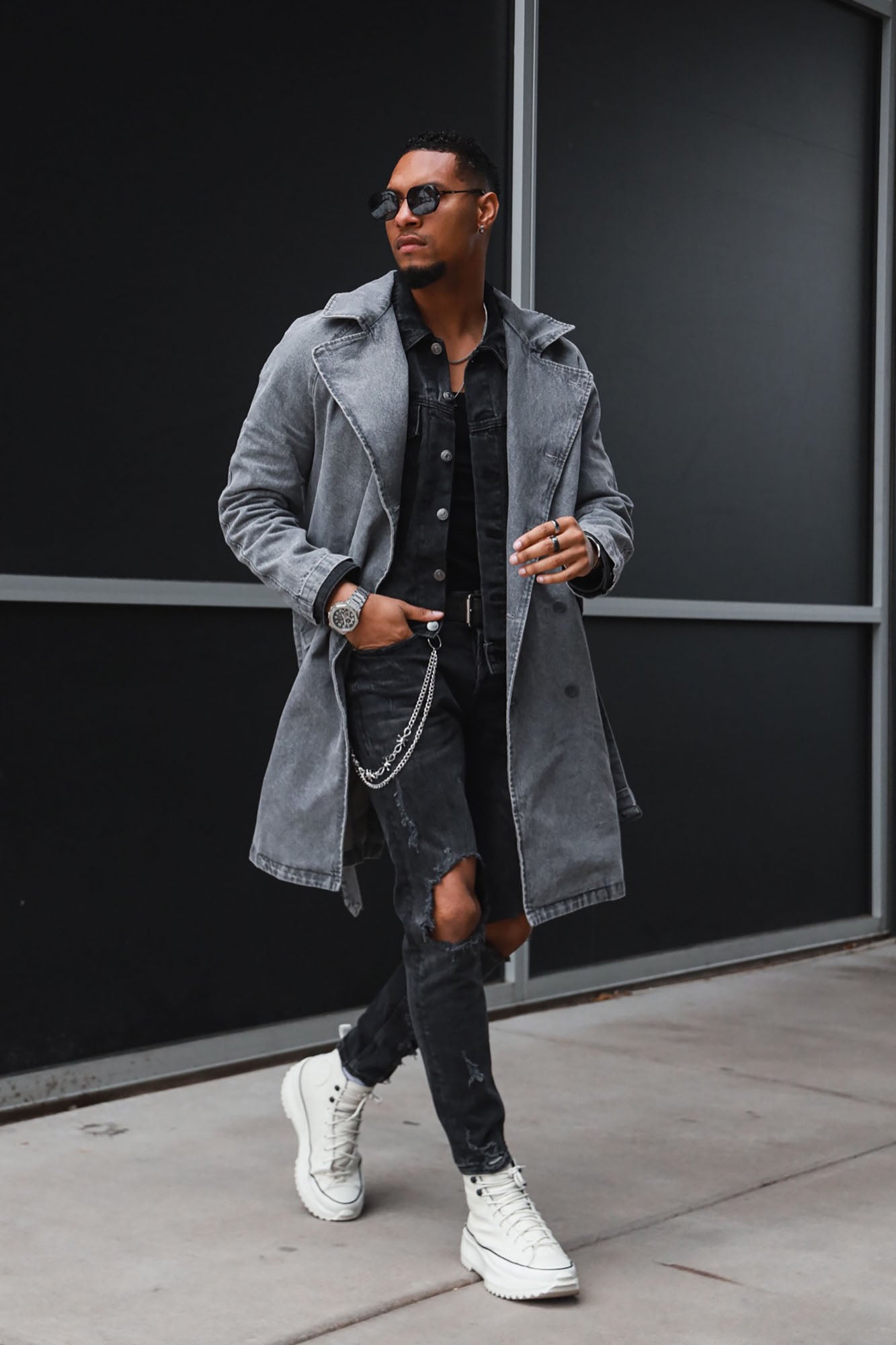 Finesse Double Breasted Denim Trench Coat - Grey