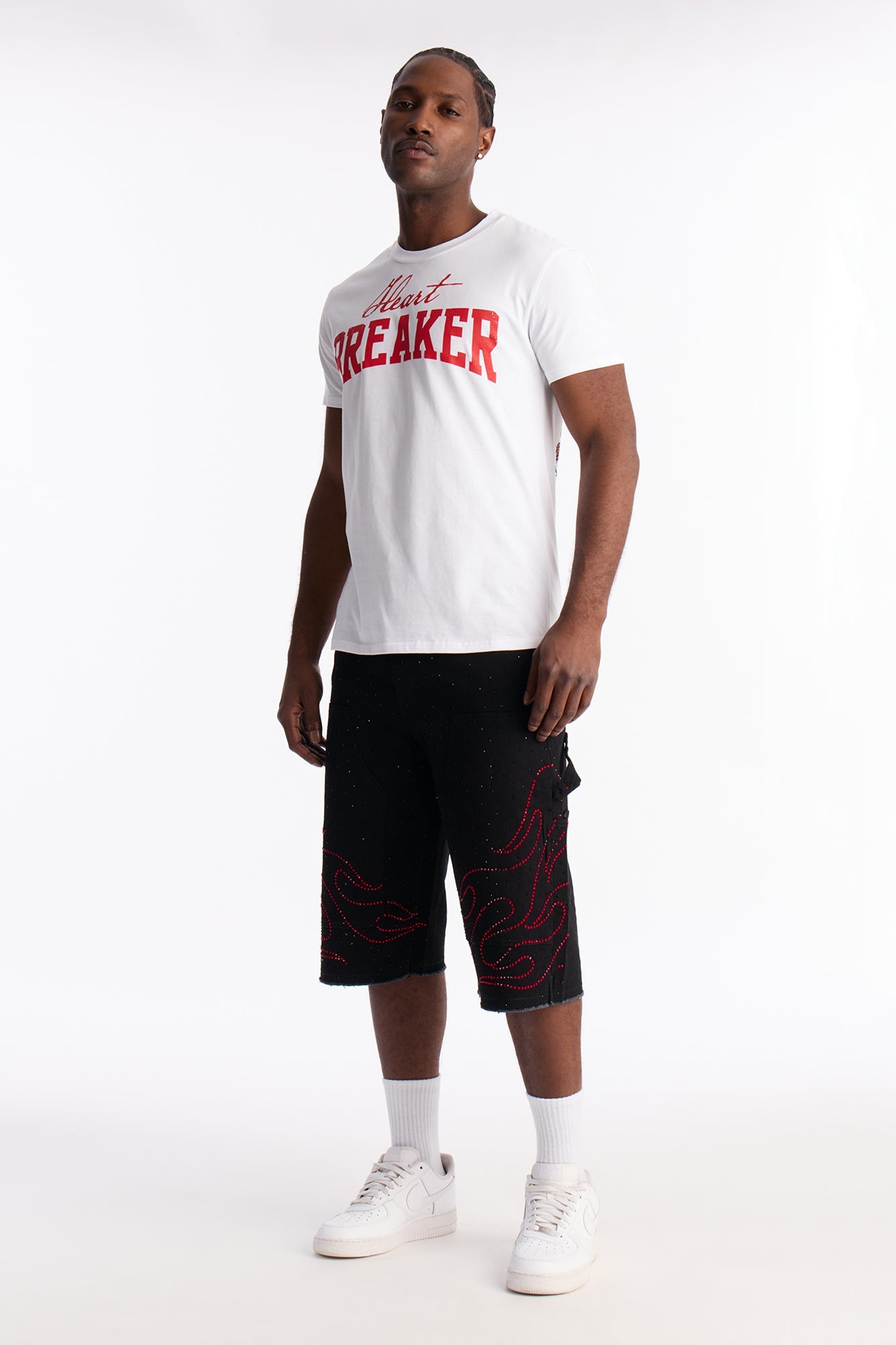 Baggy Flamed Jewel Carpenter Denim Short - Black