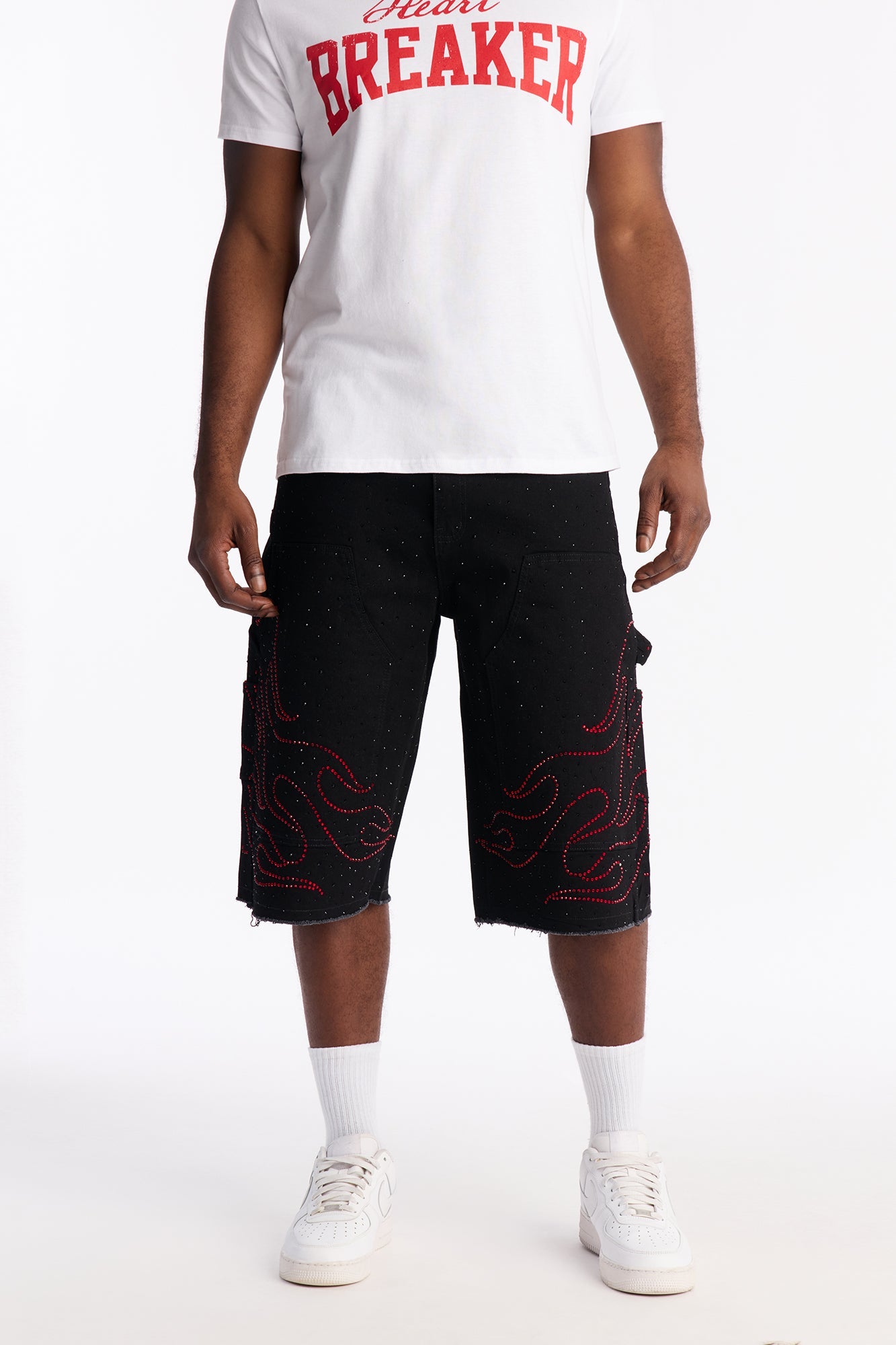 Baggy Flamed Jewel Carpenter Denim Short - Black