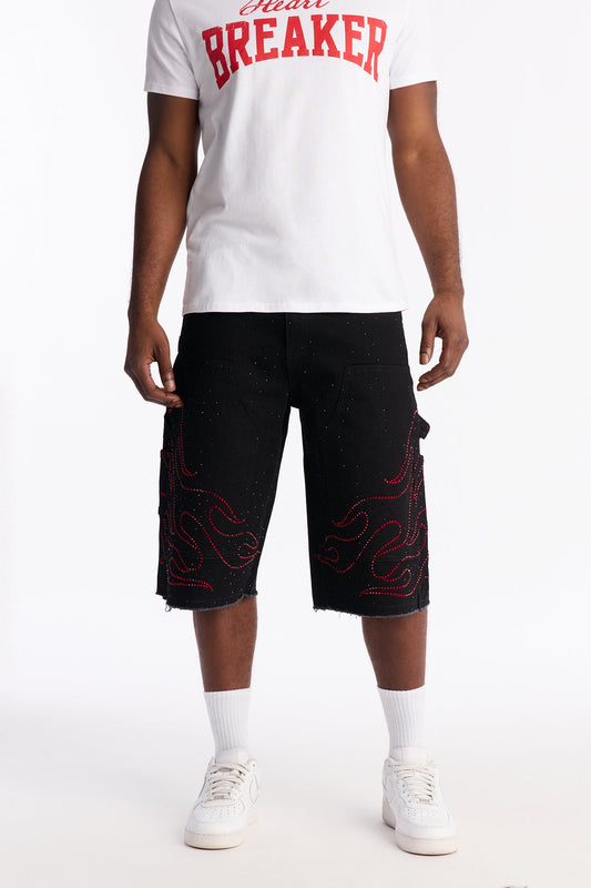 Baggy Flamed Jewel Carpenter Denim Short - Black