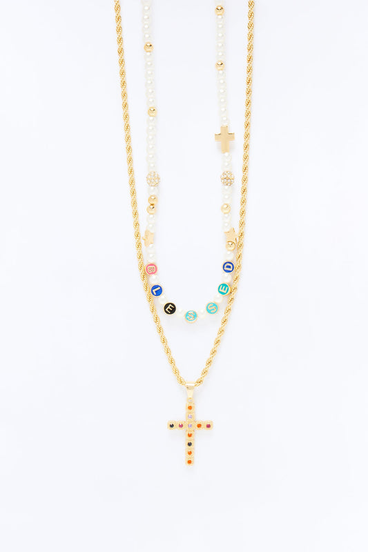 Pearl Charm And Multi Color Cross Necklace Set - Gold