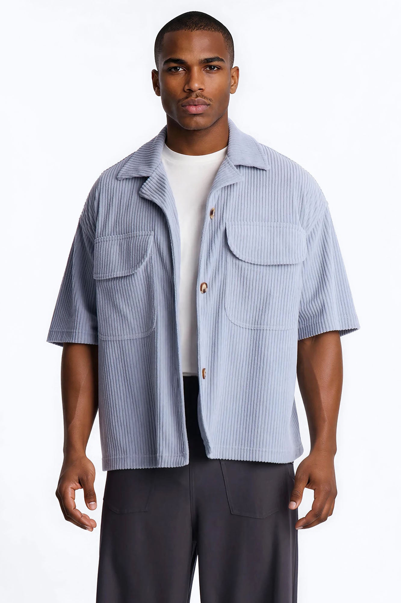 Ultra Oversized Corduroy Button Up Shirt - Light Blue