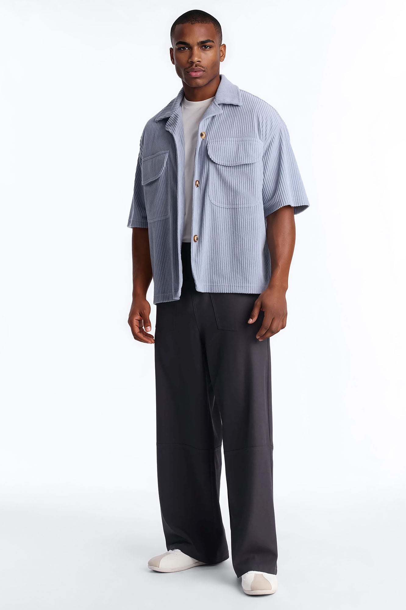 Ultra Oversized Corduroy Button Up Shirt - Light Blue