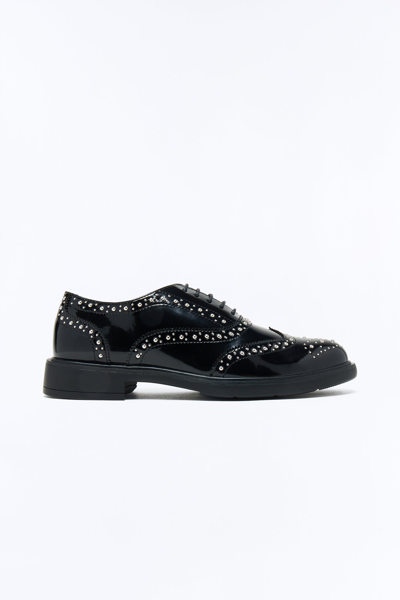 Patent Leather Studded Wing Tip Lace Up Shoe - Black