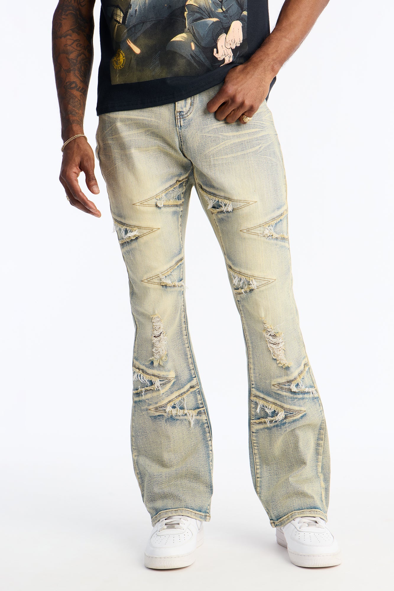 Stacked Skinny Flare Triangle Fray Jeans - Light Wash