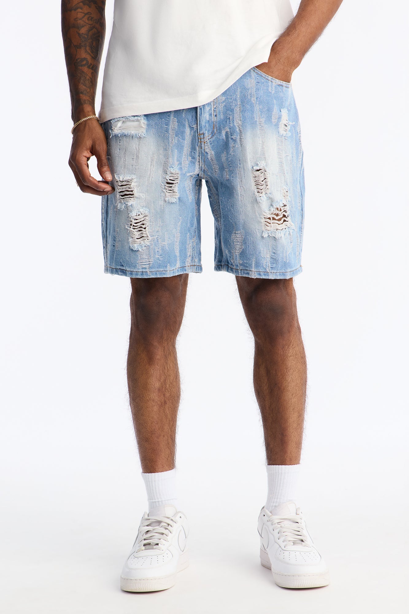 Relaxed All Over Distressed Denim Short - Medium Wash